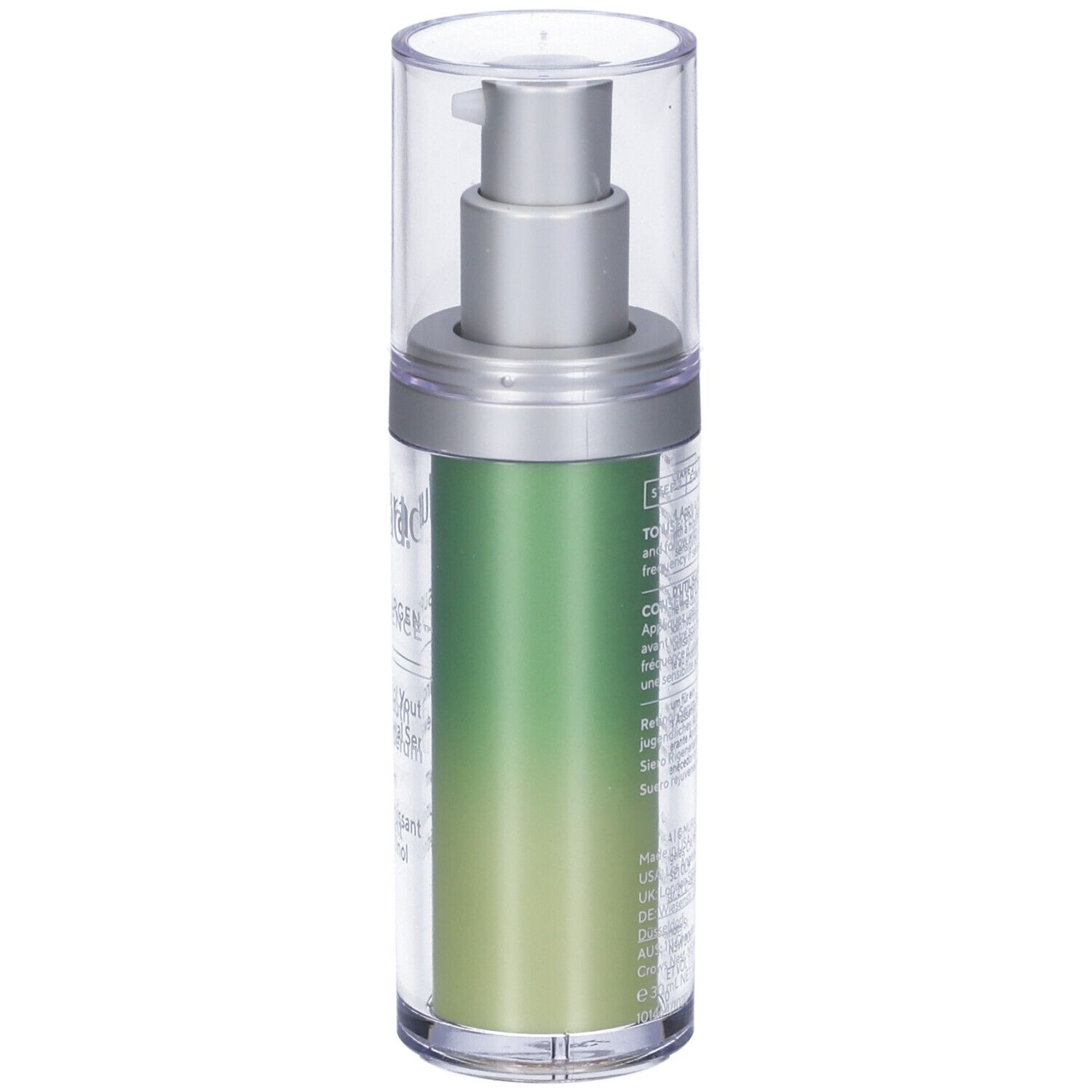 Flacone di siero con pompa. Marchio Murad, testo: Retinol Youth Renewal Serum. Flacone trasparente, etichetta verde.