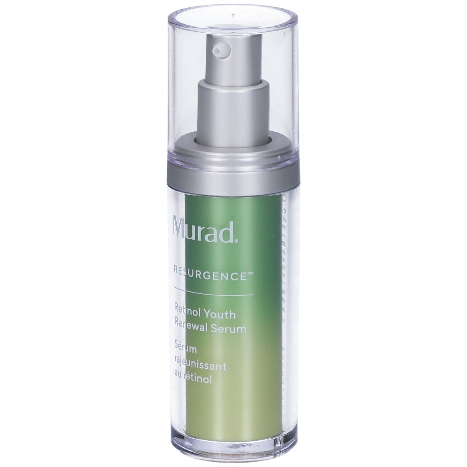 Flacone di siero con pompa. Marchio Murad, testo: Retinol Youth Renewal Serum. Flacone trasparente, etichetta verde.