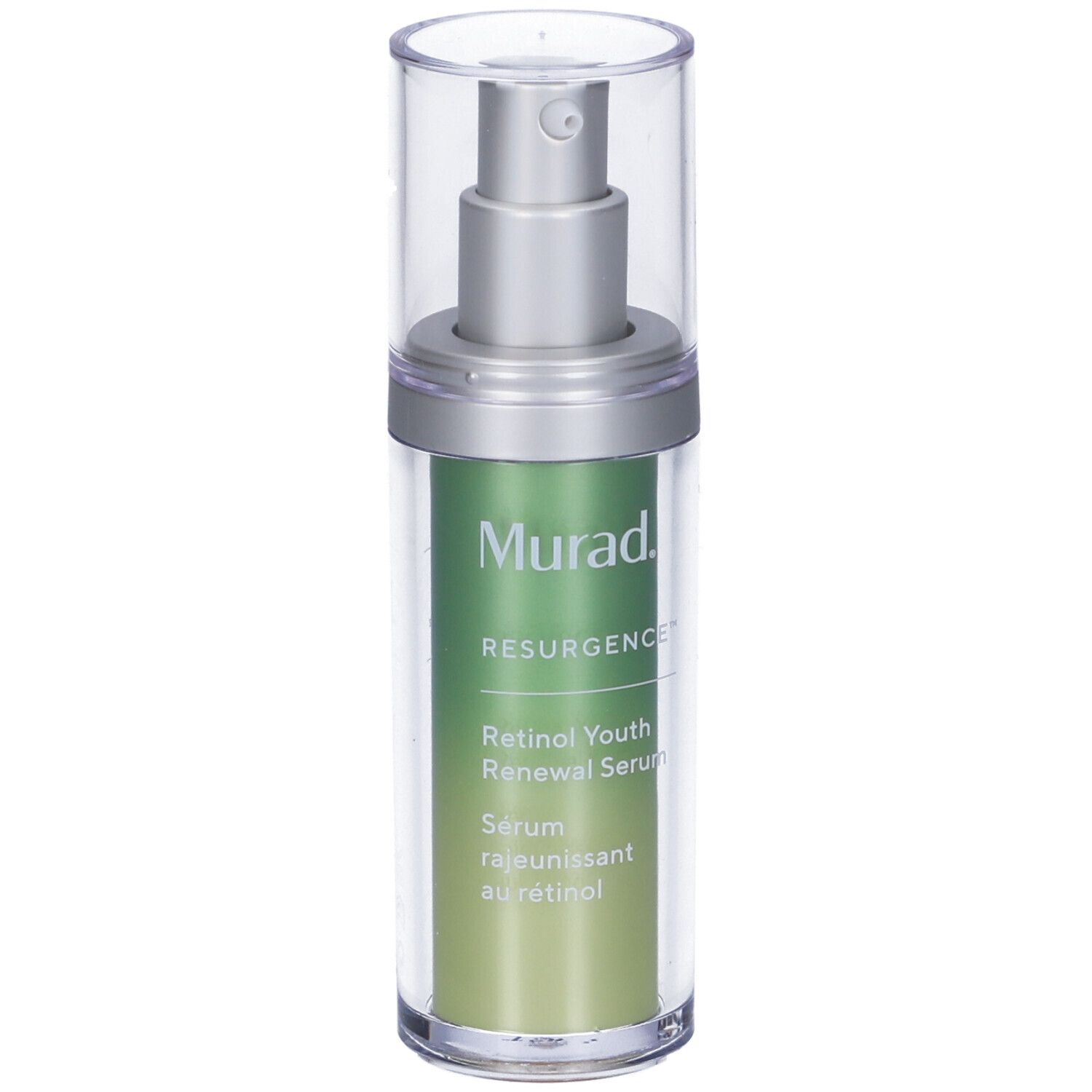 Flacone di siero con pompa. Marchio Murad, testo: Retinol Youth Renewal Serum. Flacone trasparente, etichetta verde.