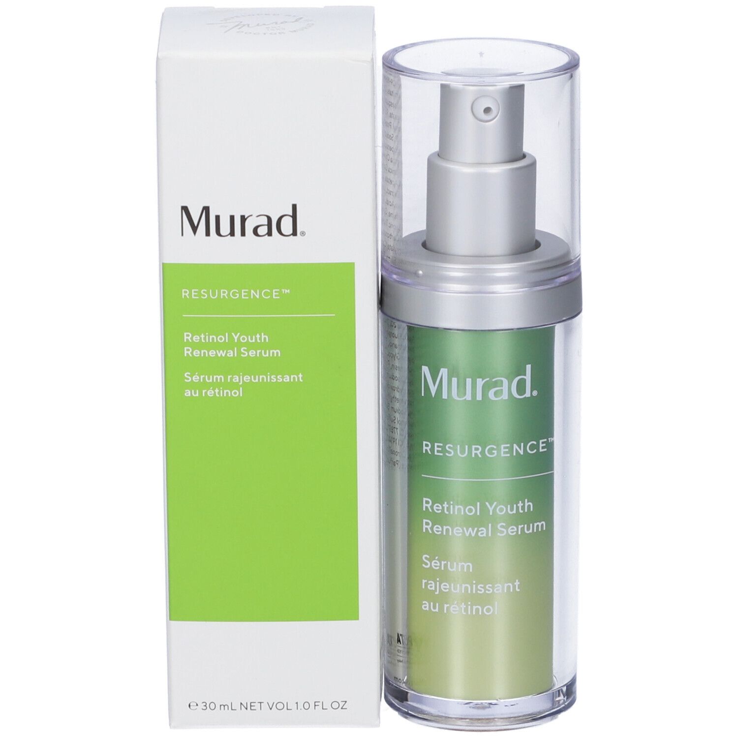 Flacone di siero e confezione. Marchio Murad, testo: Retinol Youth Renewal Serum. Confezione verde.