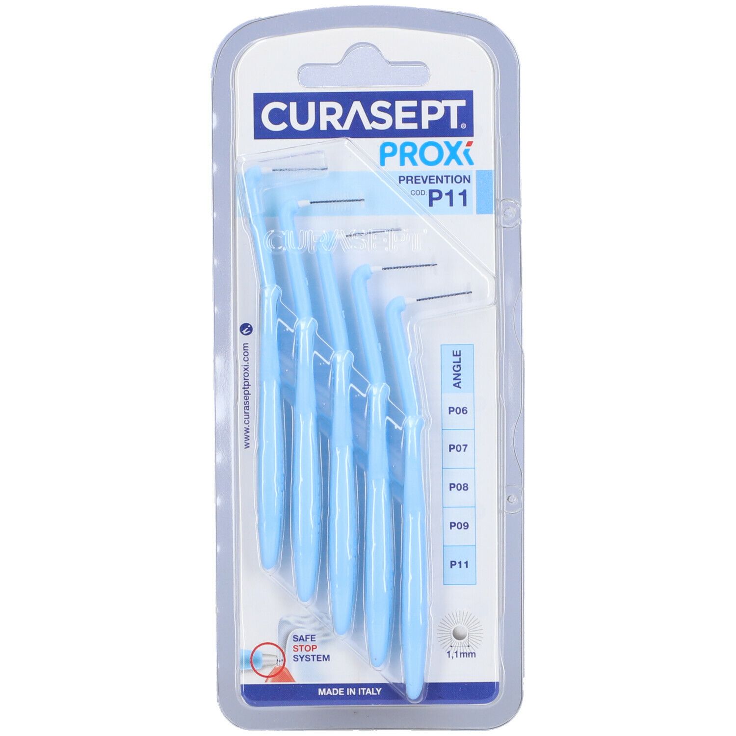 Confezione blister con cinque spazzolini interdentali angolati blu. Visibili nome del prodotto e indicazione della misura.