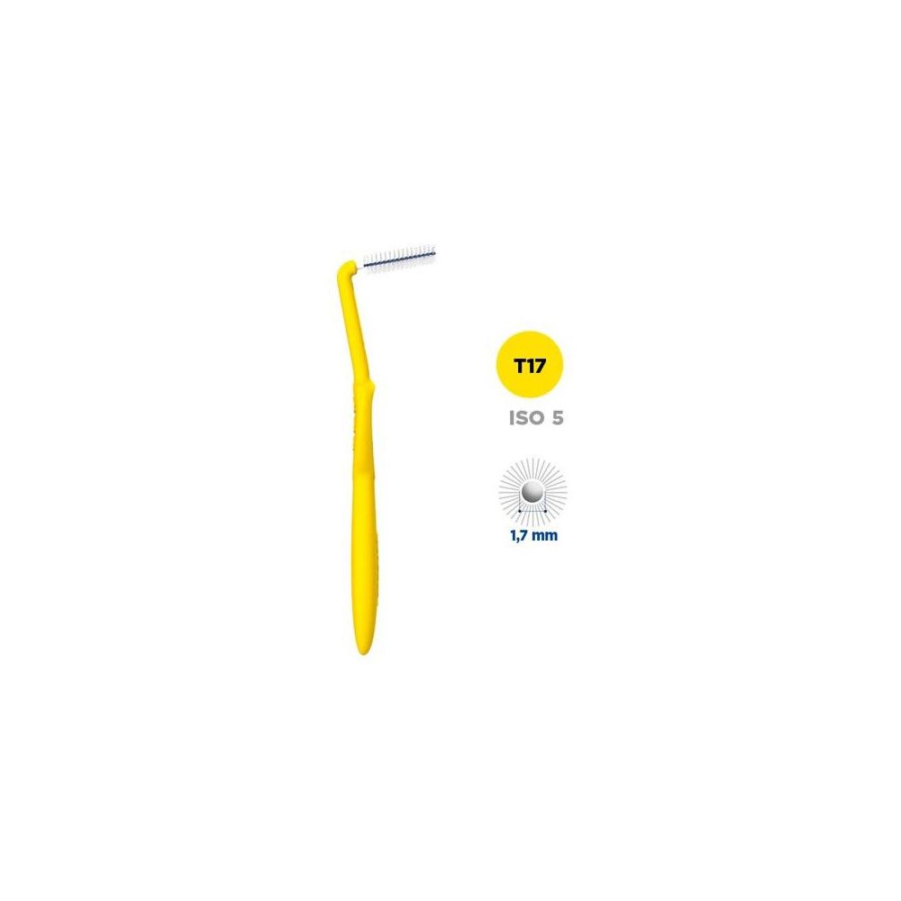 Spazzolino angolato giallo con setole. Accanto, un simbolo circolare giallo con "T17" e un simbolo con "1,7 mm".