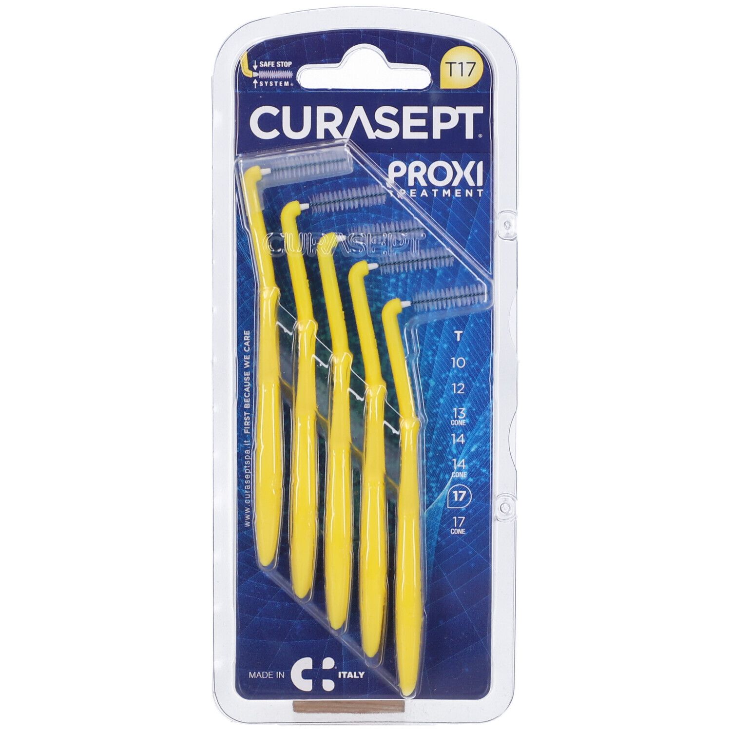 Confezione di cinque spazzolini angolati gialli. La confezione riporta il marchio "Curasept Proxi Treatment T17".
