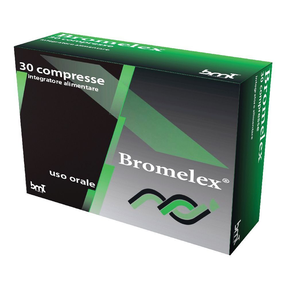 Scatola di Bromelex 30 compresse. Design verde e nero con logo e testo. "Uso orale" è scritto sulla confezione.