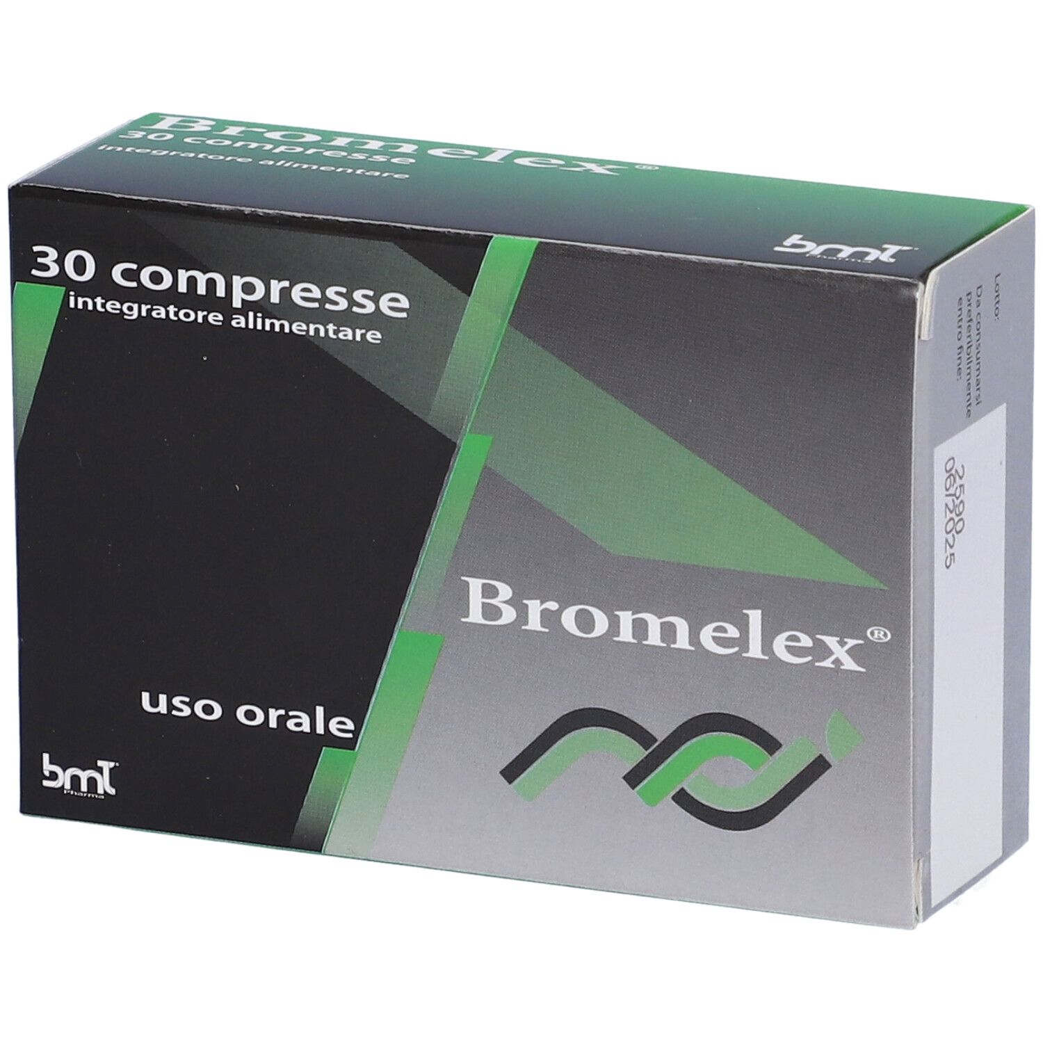 Scatola di Bromelex 30 compresse. Design verde e nero con logo e testo. "Uso orale" è scritto sulla confezione.