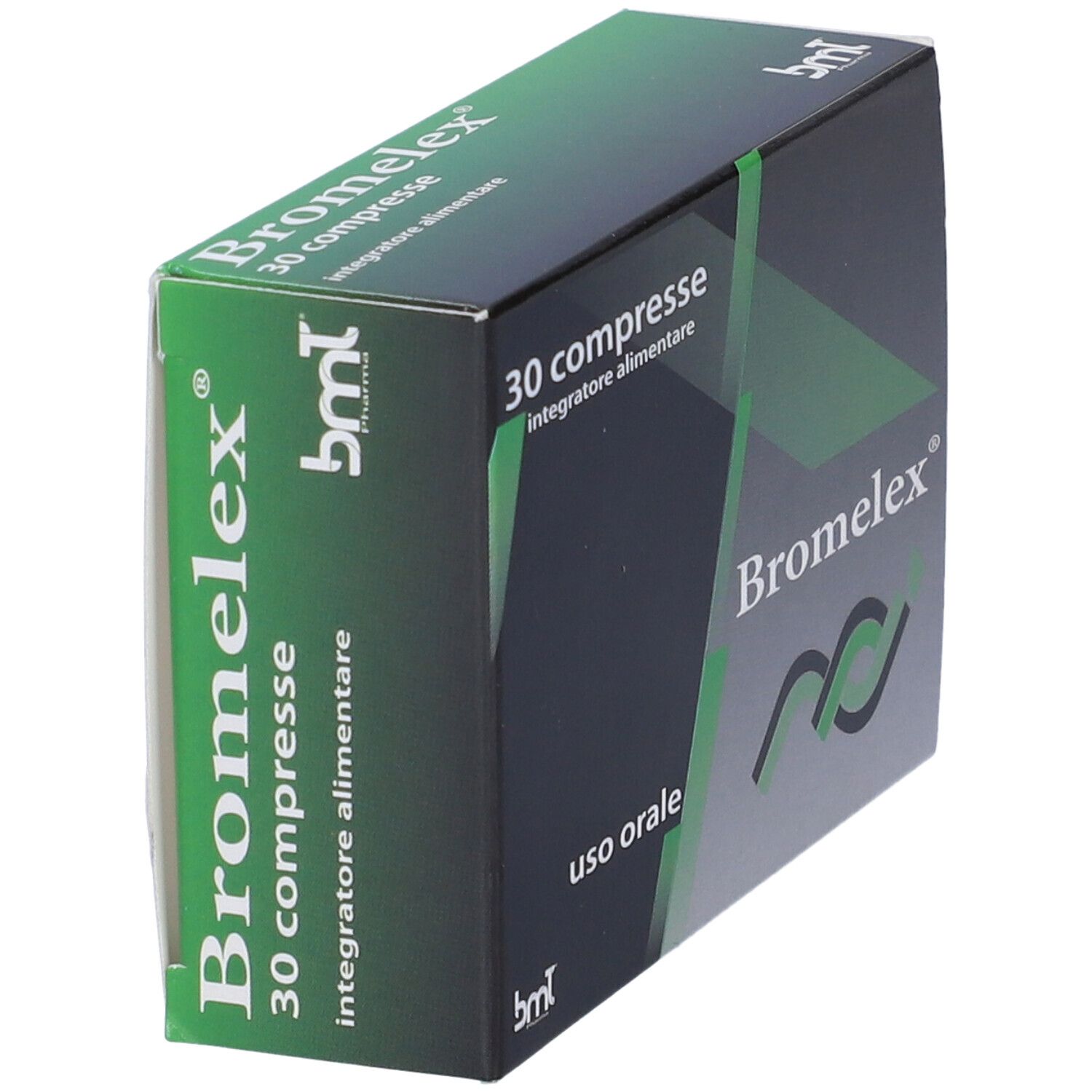 Scatola di Bromelex 30 compresse. Design verde e nero con logo e testo. "Uso orale" è scritto sulla confezione.