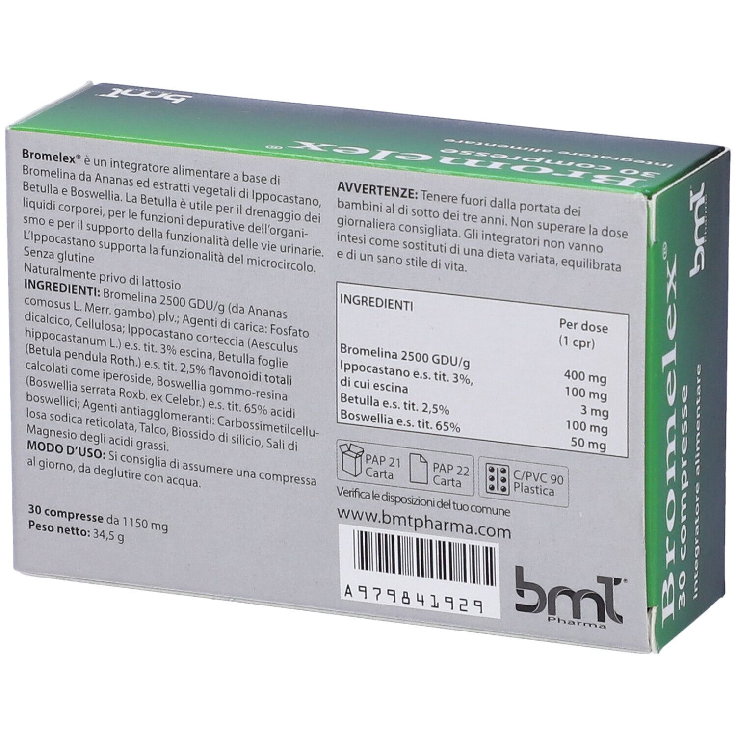Confezione di Bromelex con informazioni e avvertenze. Contiene 30 compresse. Testo in italiano.