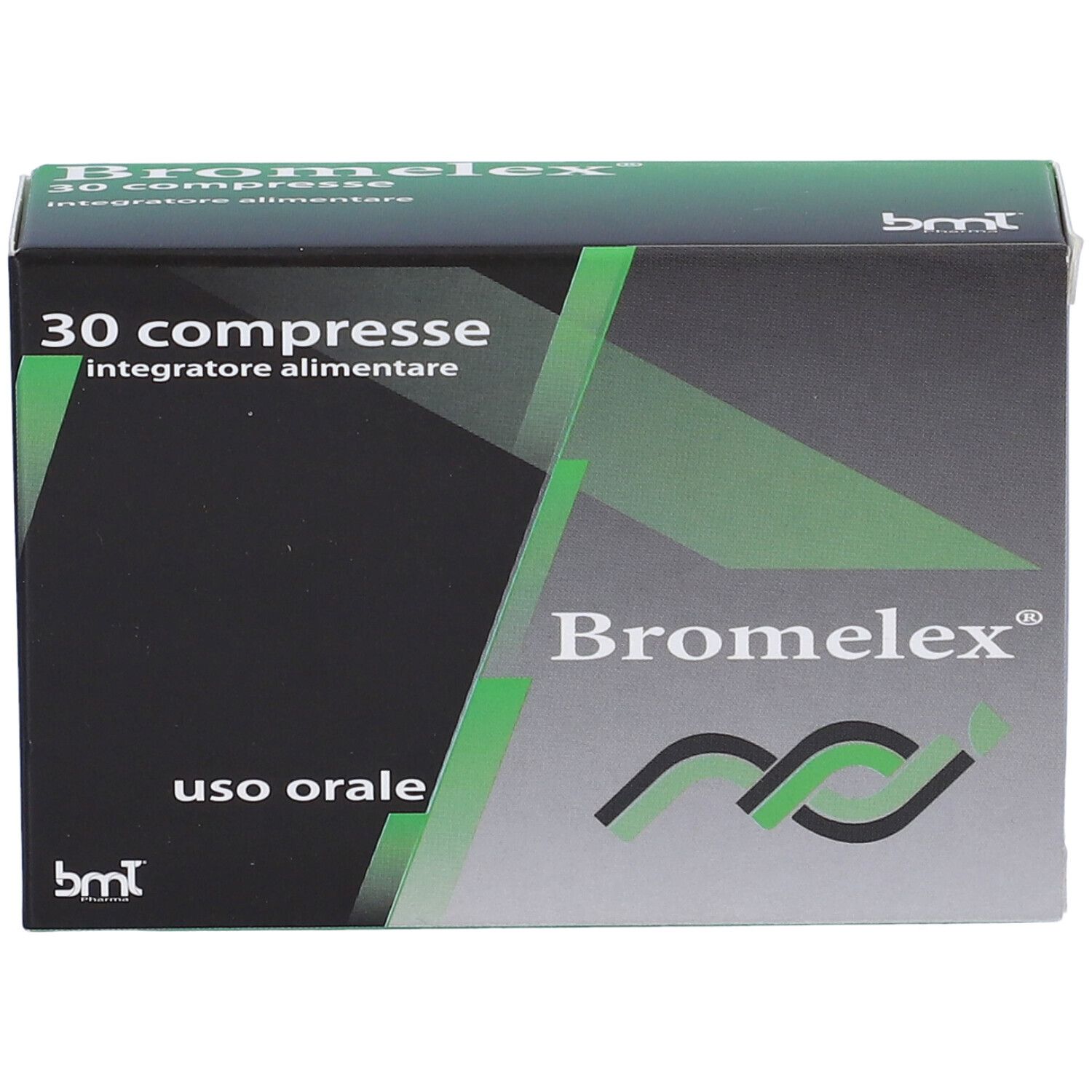 Scatola di Bromelex 30 compresse. Design verde e nero con logo e testo. "Uso orale" è scritto sulla confezione.
