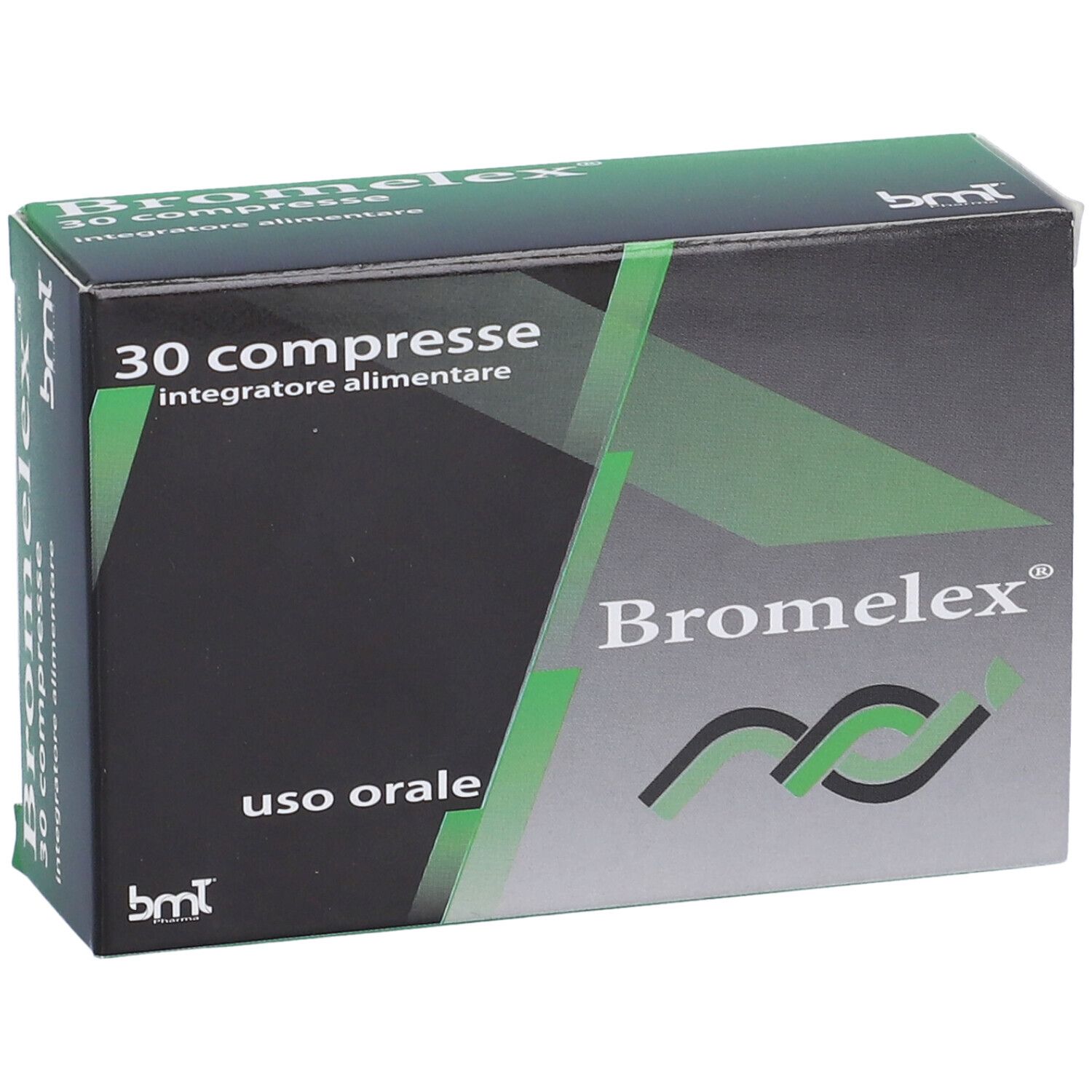 Scatola di Bromelex 30 compresse. Design verde e nero con logo e testo. "Uso orale" è scritto sulla confezione.