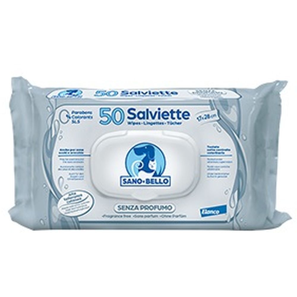 Confezione di salviette. Scritta: 50 Salviette, Sano-Bello, senza profumo. Confezione blu con coperchio bianco.