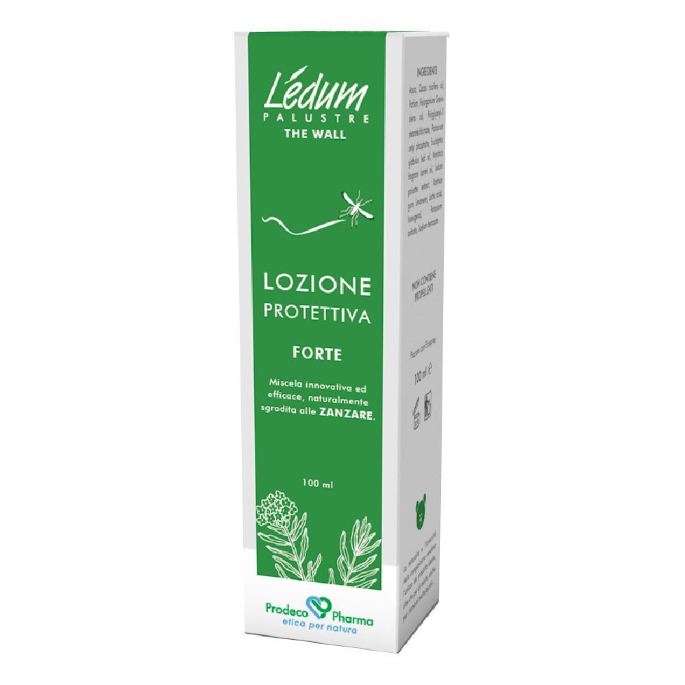 Scatola Ledum The Wall Lozione Protettiva Forte. Verde e bianca, con nome del prodotto e testo.