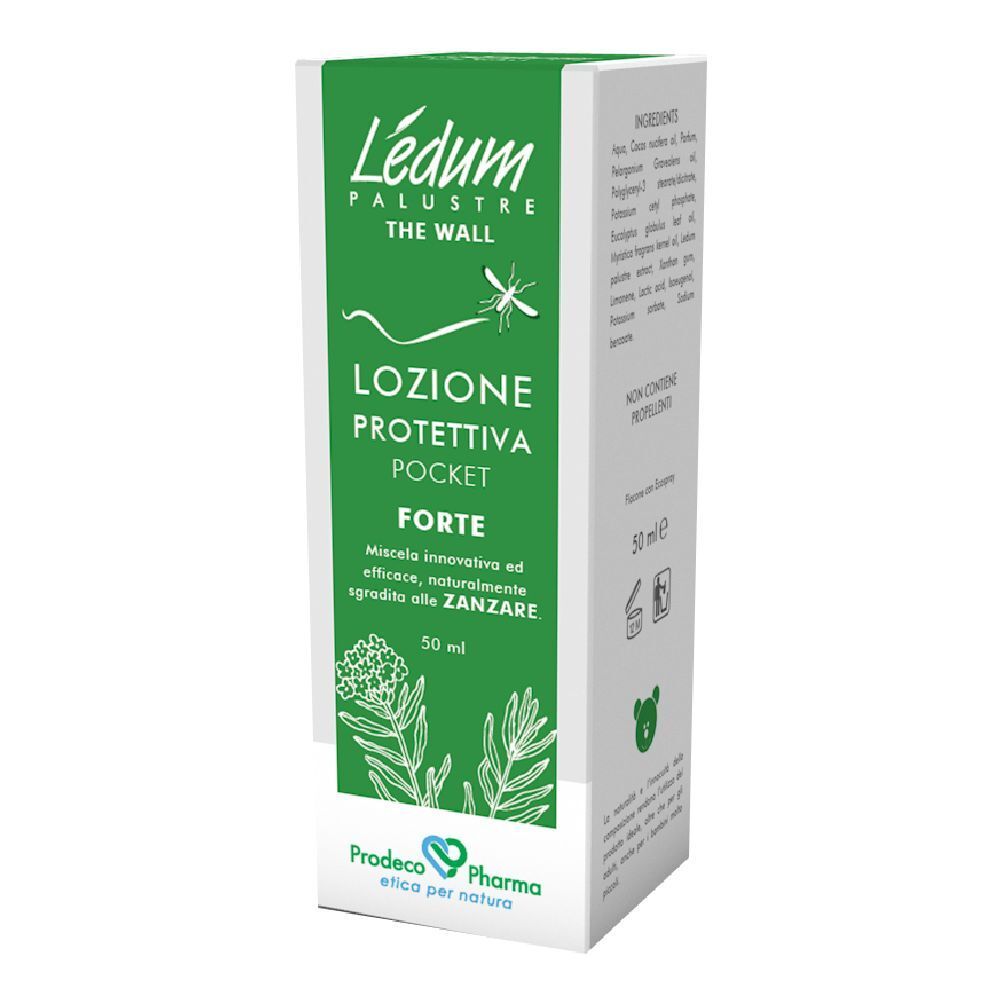 Ledum The Wall Lozione Protettiva Forte Pocket. Confezione verde e bianca. Nome del prodotto e logo visibili.