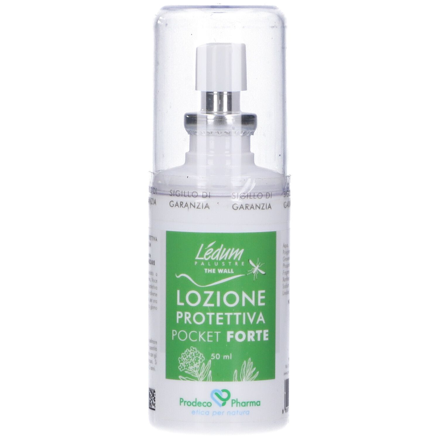 Ledum The Wall Lozione Protettiva Pocket Forte. Flacone bianco con vaporizzatore e cappuccio trasparente. Nome del prodotto visibile.