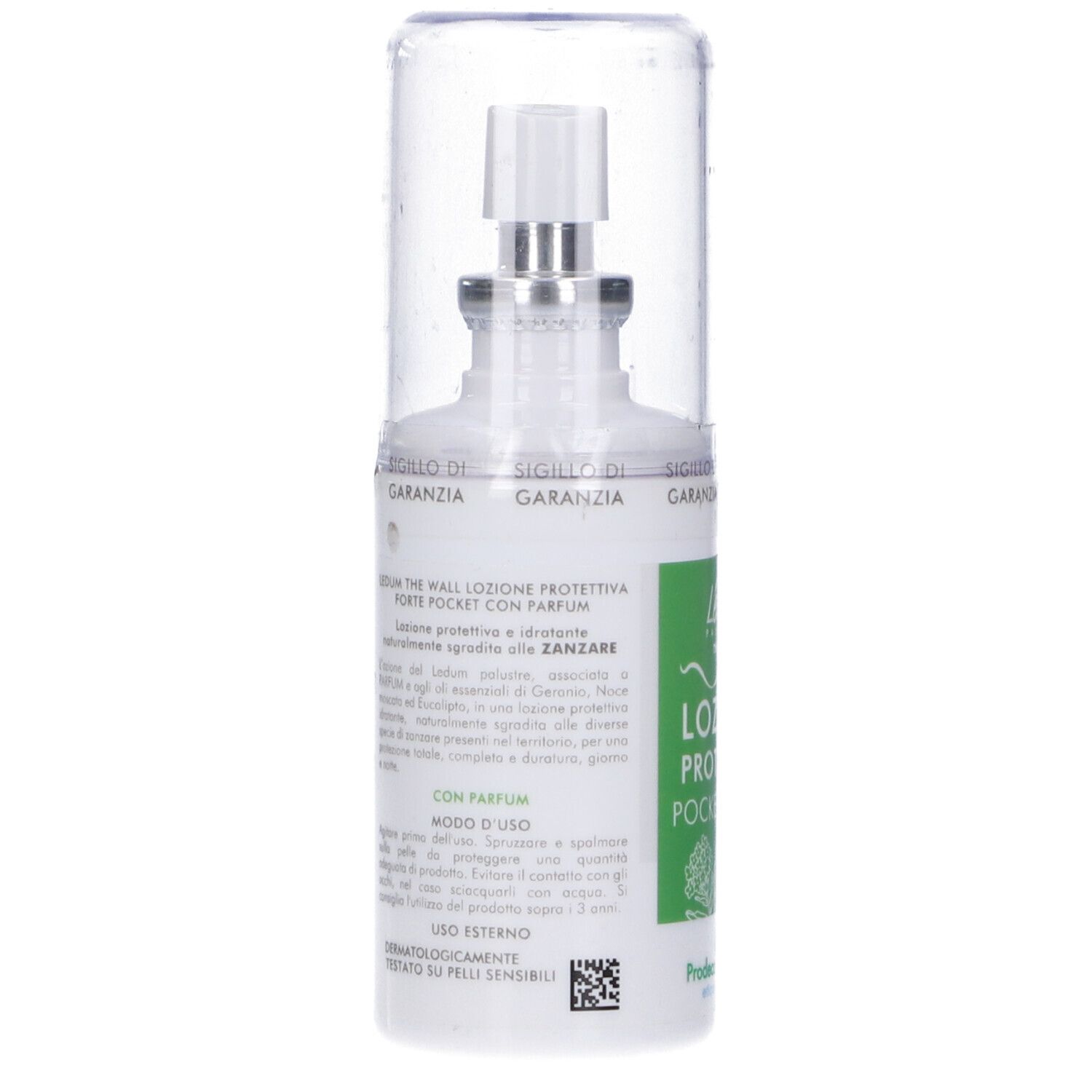 Ledum The Wall Lozione Protettiva Pocket Forte. Flacone bianco con vaporizzatore e cappuccio trasparente. Informazioni sul prodotto.