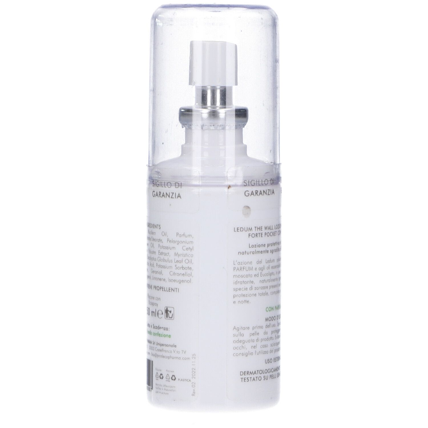 Ledum The Wall Lozione Protettiva Pocket Forte. Flacone bianco con vaporizzatore e cappuccio trasparente. Informazioni sul prodotto.