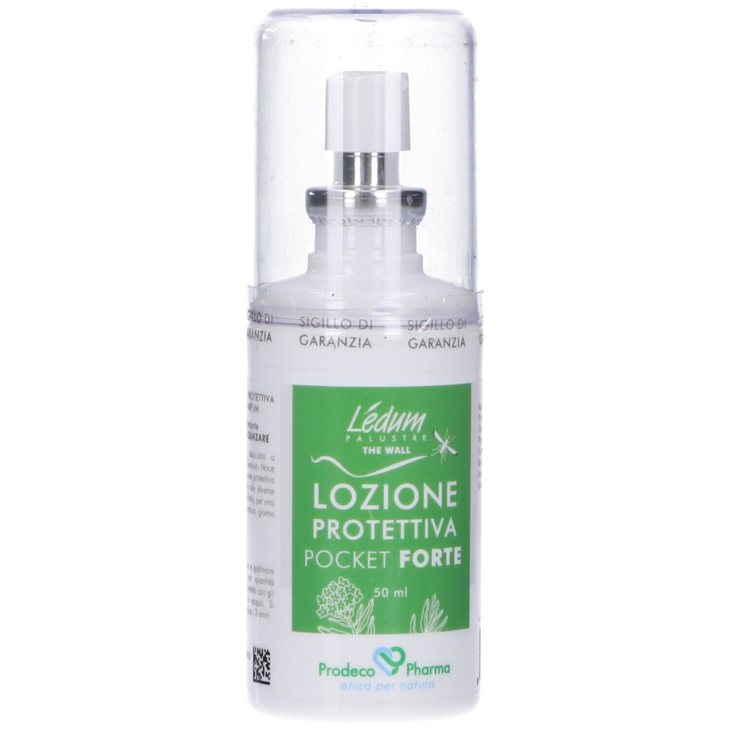 Ledum The Wall Lozione Protettiva Pocket Forte. Flacone bianco con vaporizzatore e cappuccio trasparente. Nome e logo del prodotto.