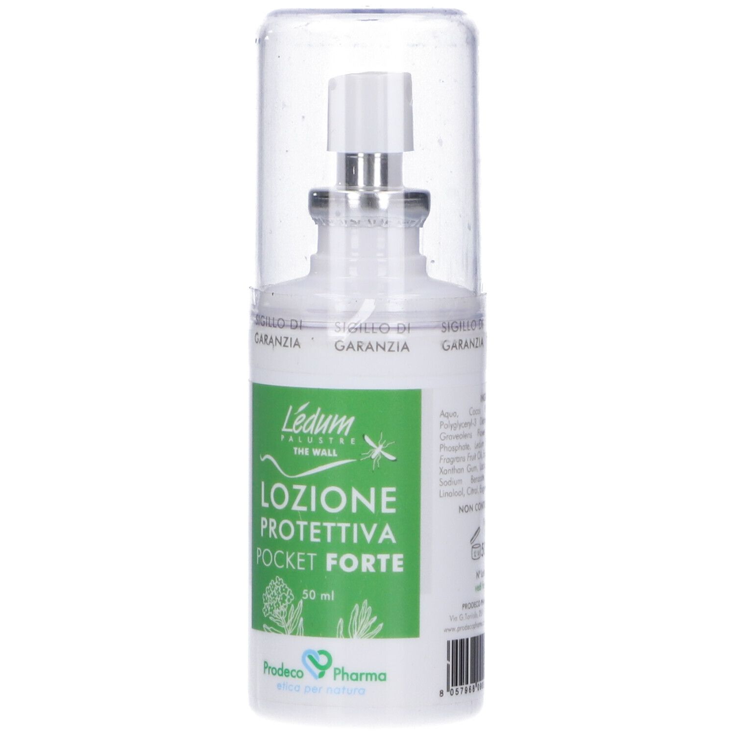 Ledum The Wall Lozione Protettiva Pocket Forte. Flacone bianco con vaporizzatore e cappuccio trasparente. Informazioni sul prodotto.