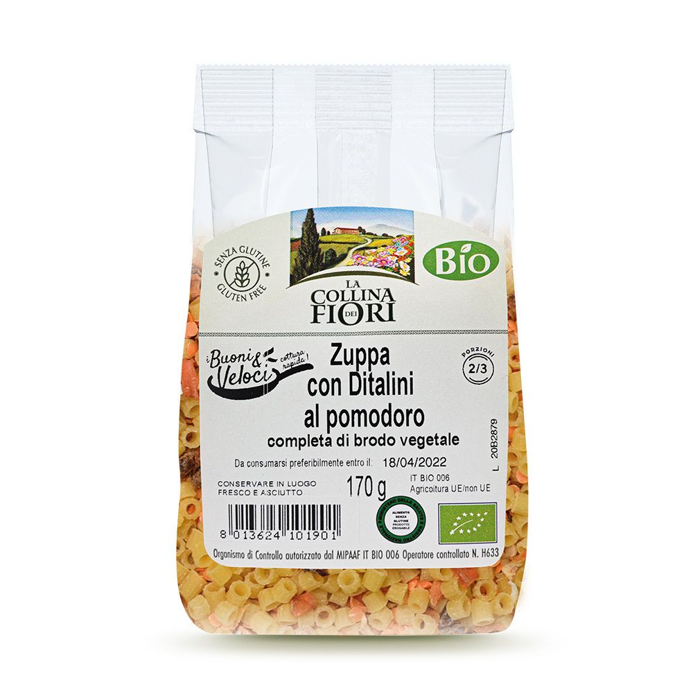 Confezione trasparente di zuppa di pomodoro senza glutine con ditalini. Logo del marchio e marchio bio visibili.