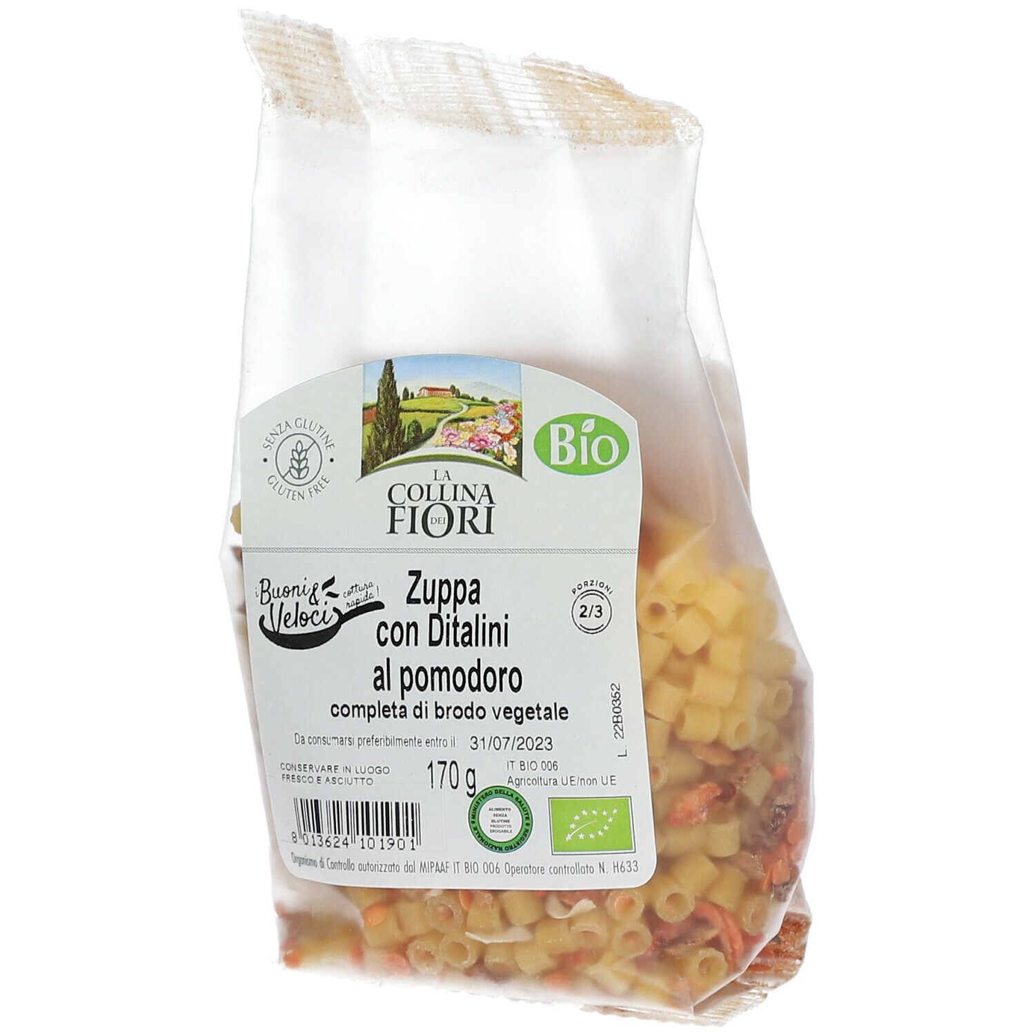 Confezione trasparente di zuppa di pomodoro senza glutine con ditalini. Logo del marchio e marchio bio visibili.