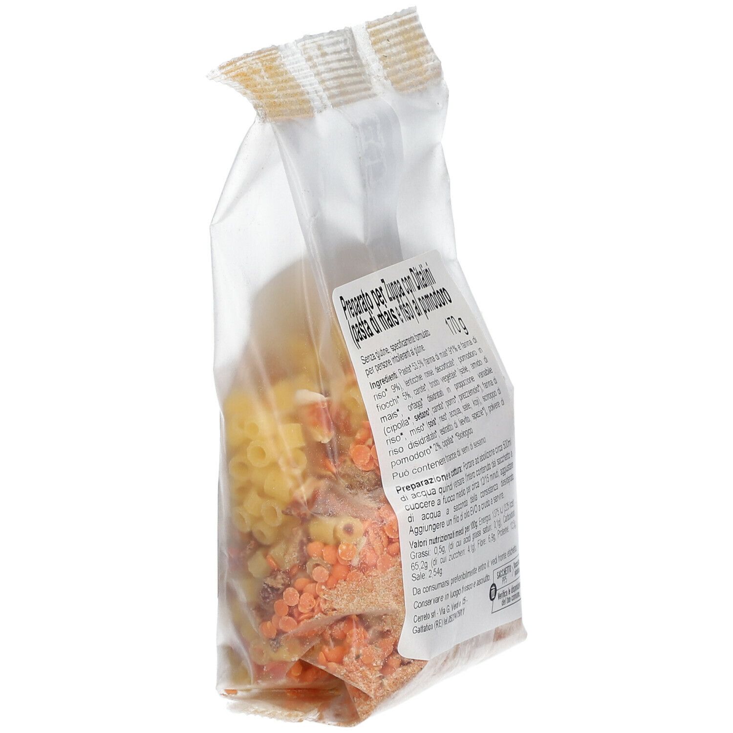 Confezione inclinata con elenco ingredienti e valori nutrizionali. Logo senza glutine visibile.