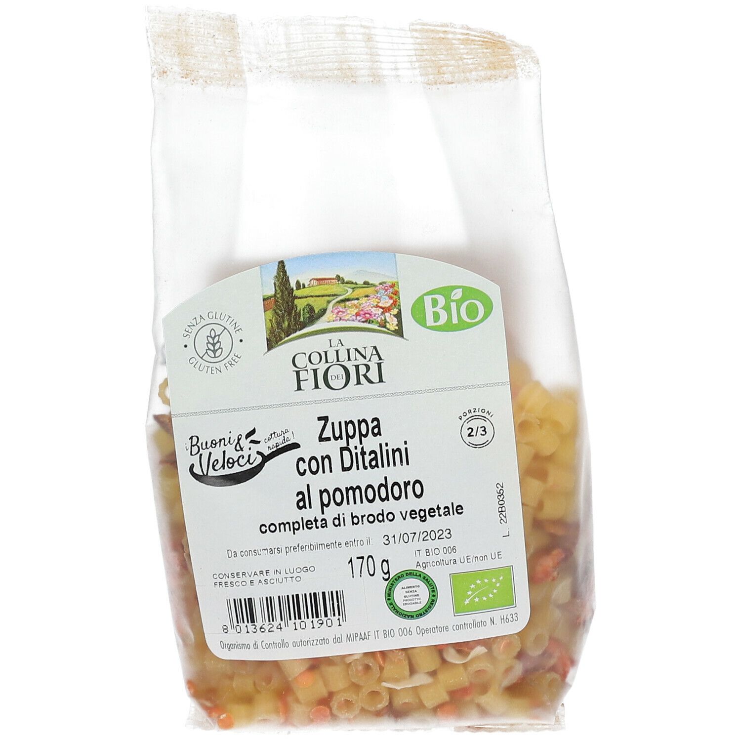 Confezione trasparente di zuppa di pomodoro senza glutine con ditalini. Logo del marchio e marchio bio visibili.