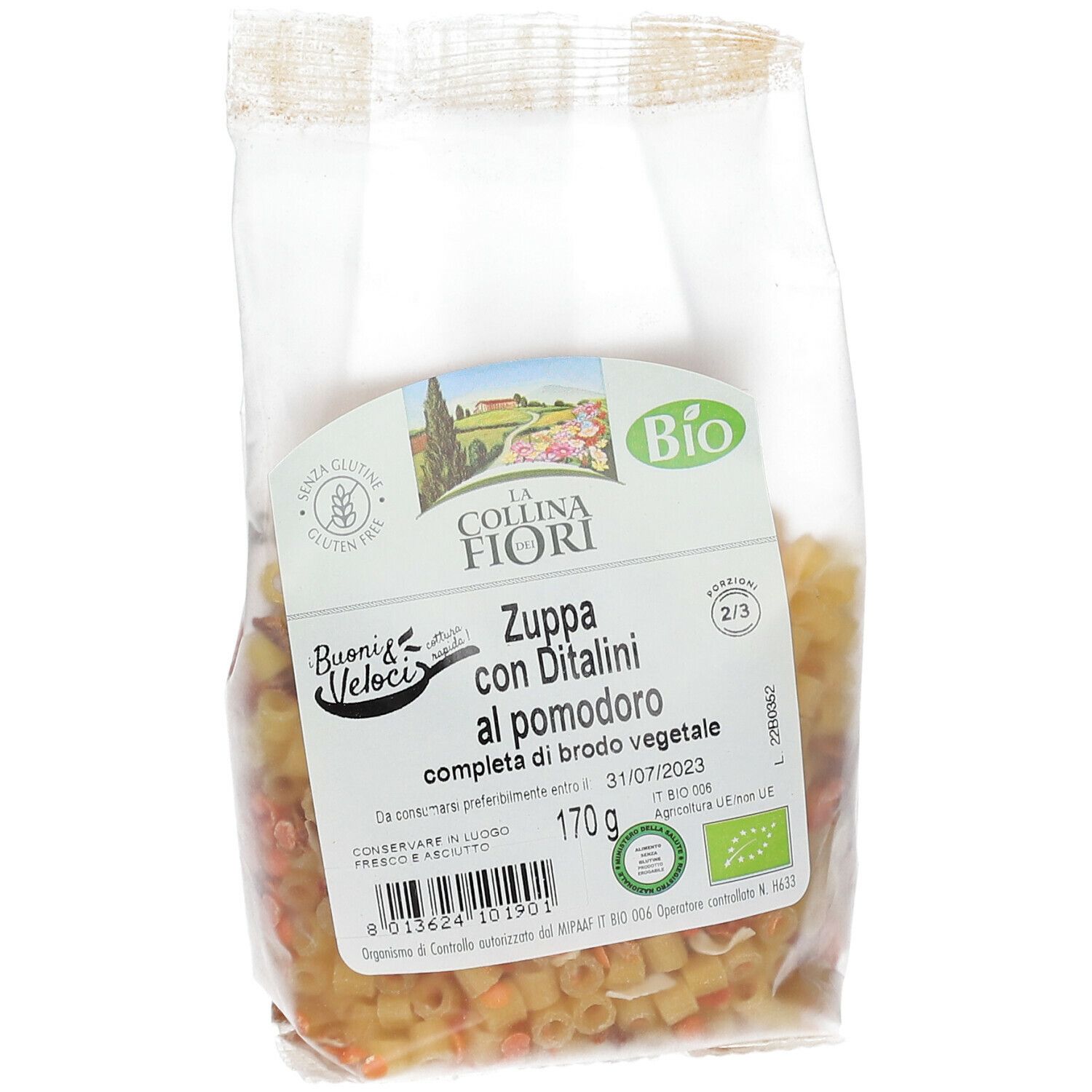 Confezione trasparente di zuppa di pomodoro senza glutine con ditalini. Logo del marchio e marchio bio visibili.