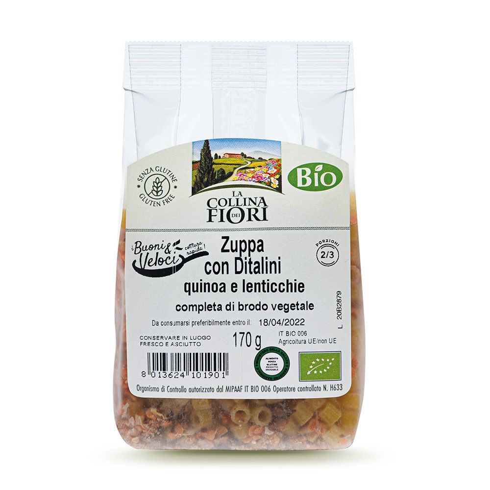 Confezione di zuppa con ditalini, quinoa e lenticchie. Senza glutine, certificazione bio. 170g.