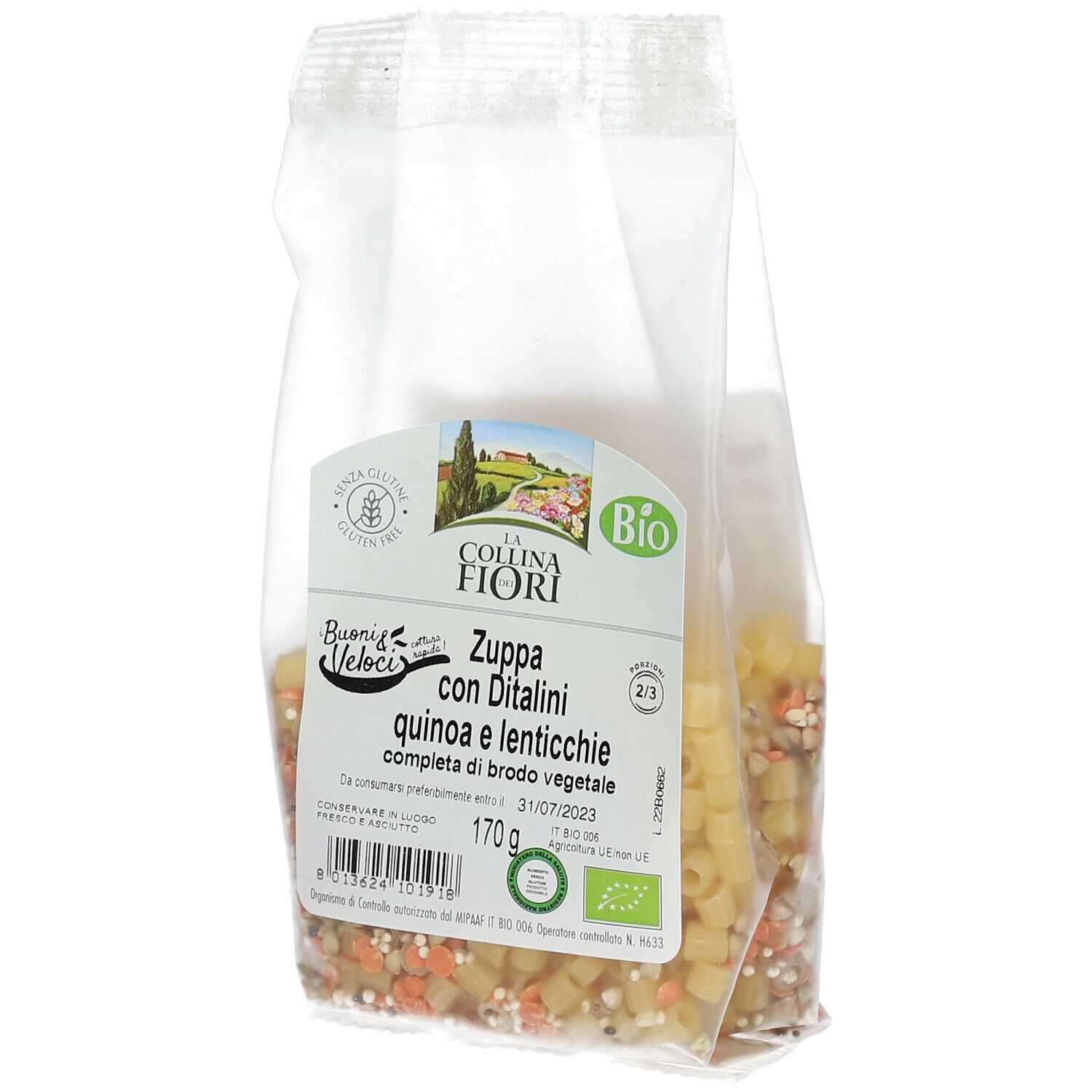 Confezione di zuppa con ditalini, quinoa e lenticchie. Senza glutine, certificazione bio. 170g.