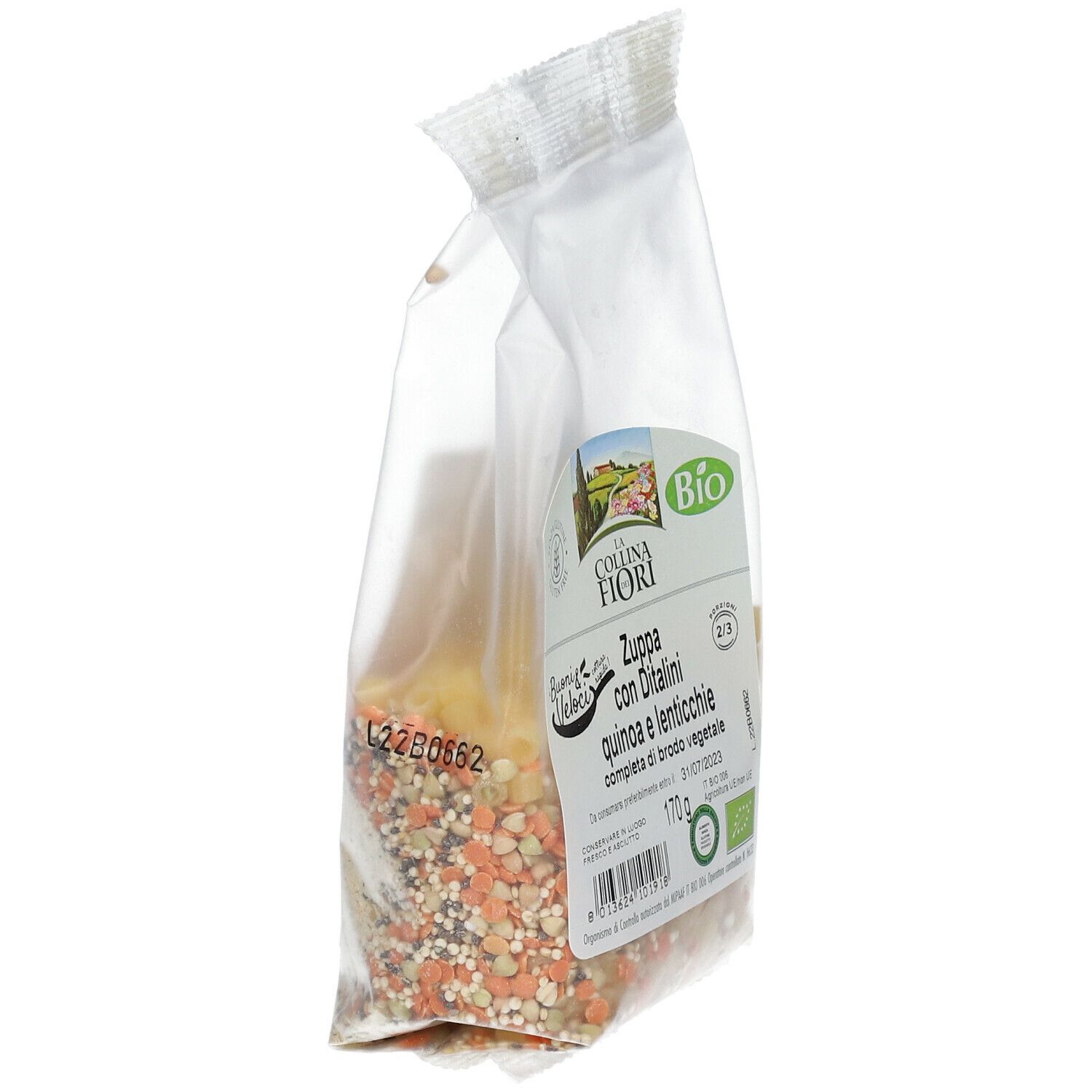 Confezione di zuppa con ditalini, quinoa e lenticchie. Senza glutine, certificazione bio. 170g. Vista laterale.