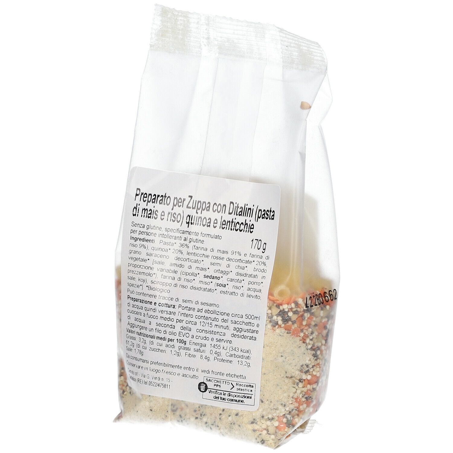 Retro della confezione di zuppa con elenco ingredienti. Senza glutine, 170g. Certificazione bio.