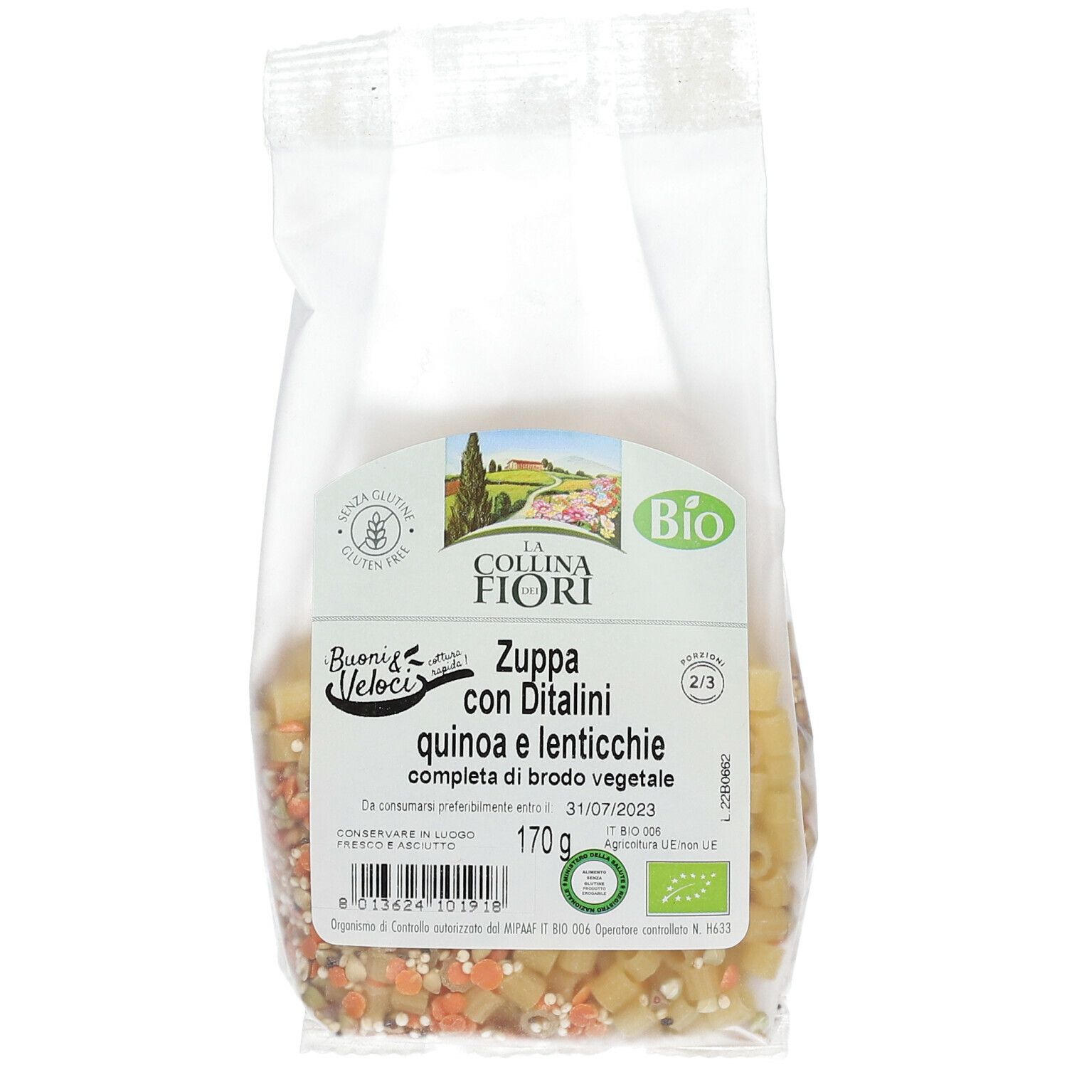Confezione di zuppa con ditalini, quinoa e lenticchie. Senza glutine, certificazione bio. 170g.