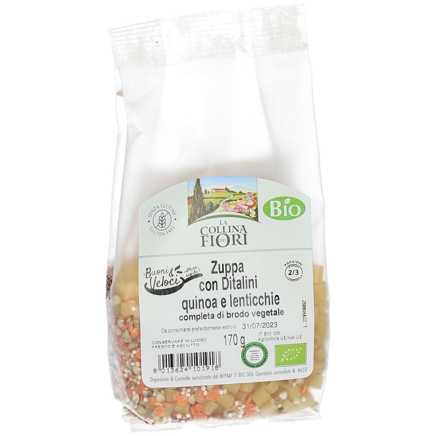 Confezione di zuppa con ditalini, quinoa e lenticchie. Senza glutine, certificazione bio. 170g.