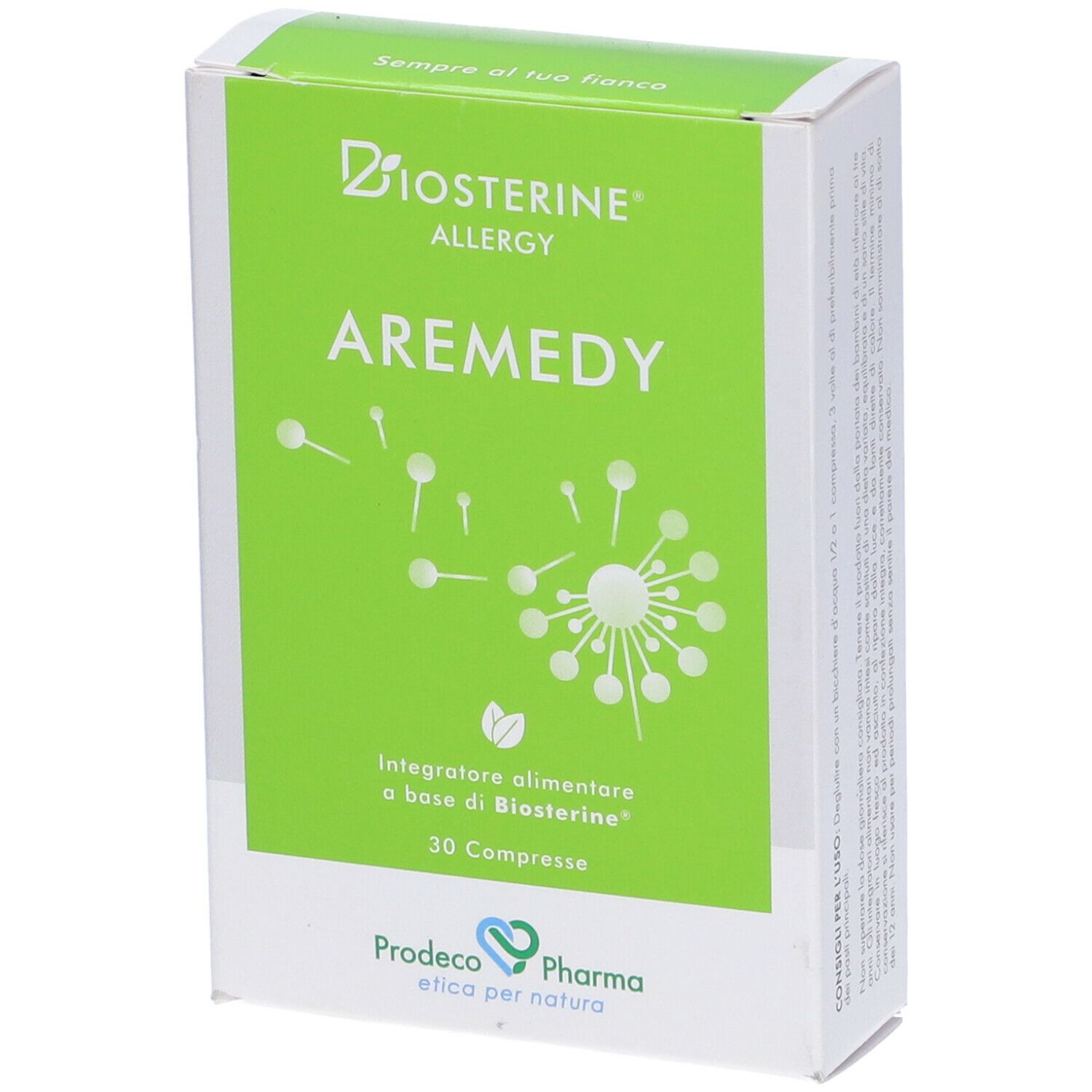 Scatola verde "Biosterine Allergy A-Remedy". Contiene 30 compresse. Logo Prodeco Pharma.