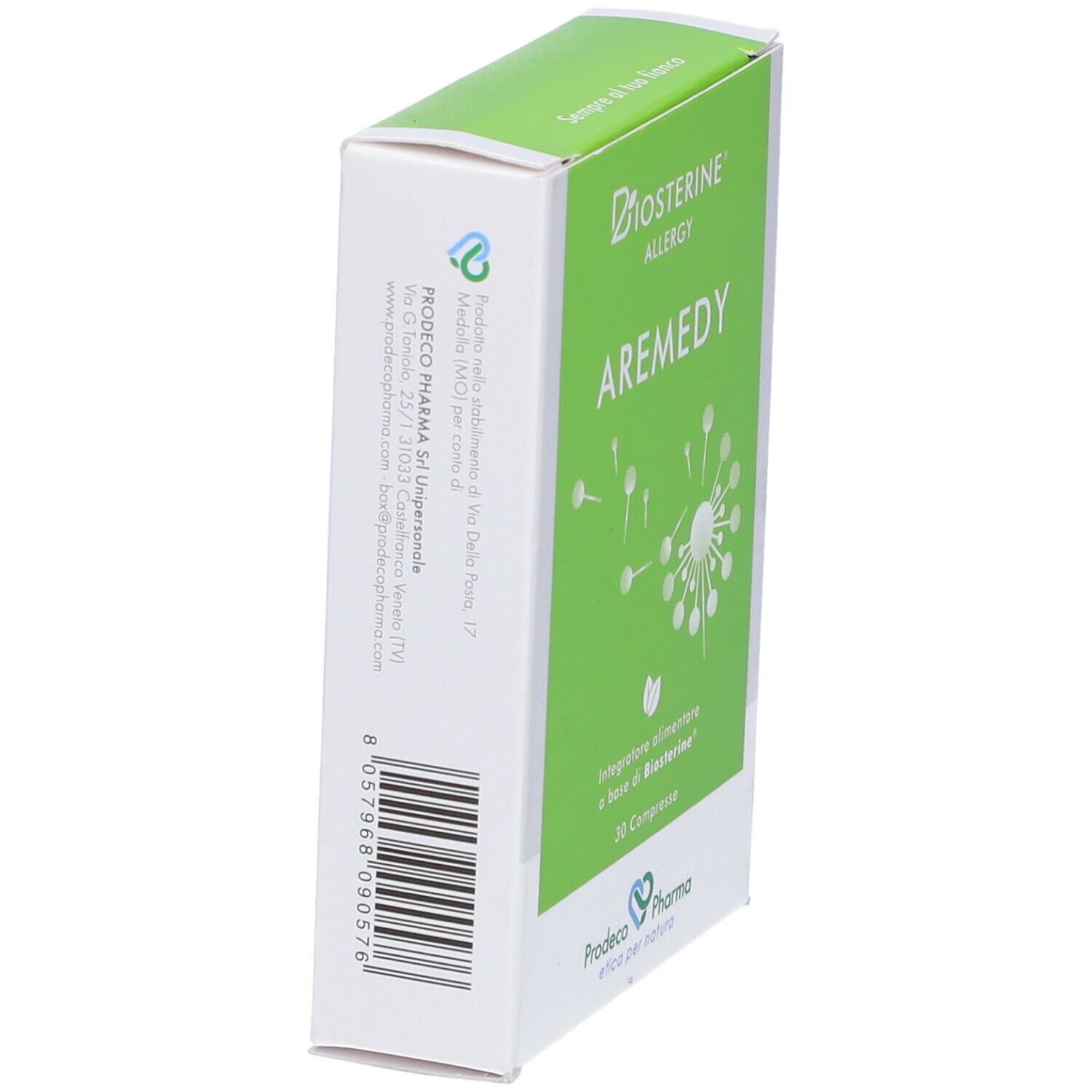 Scatola "Biosterine Allergy A-Remedy" in prospettiva. Lato verde con nome e logo.