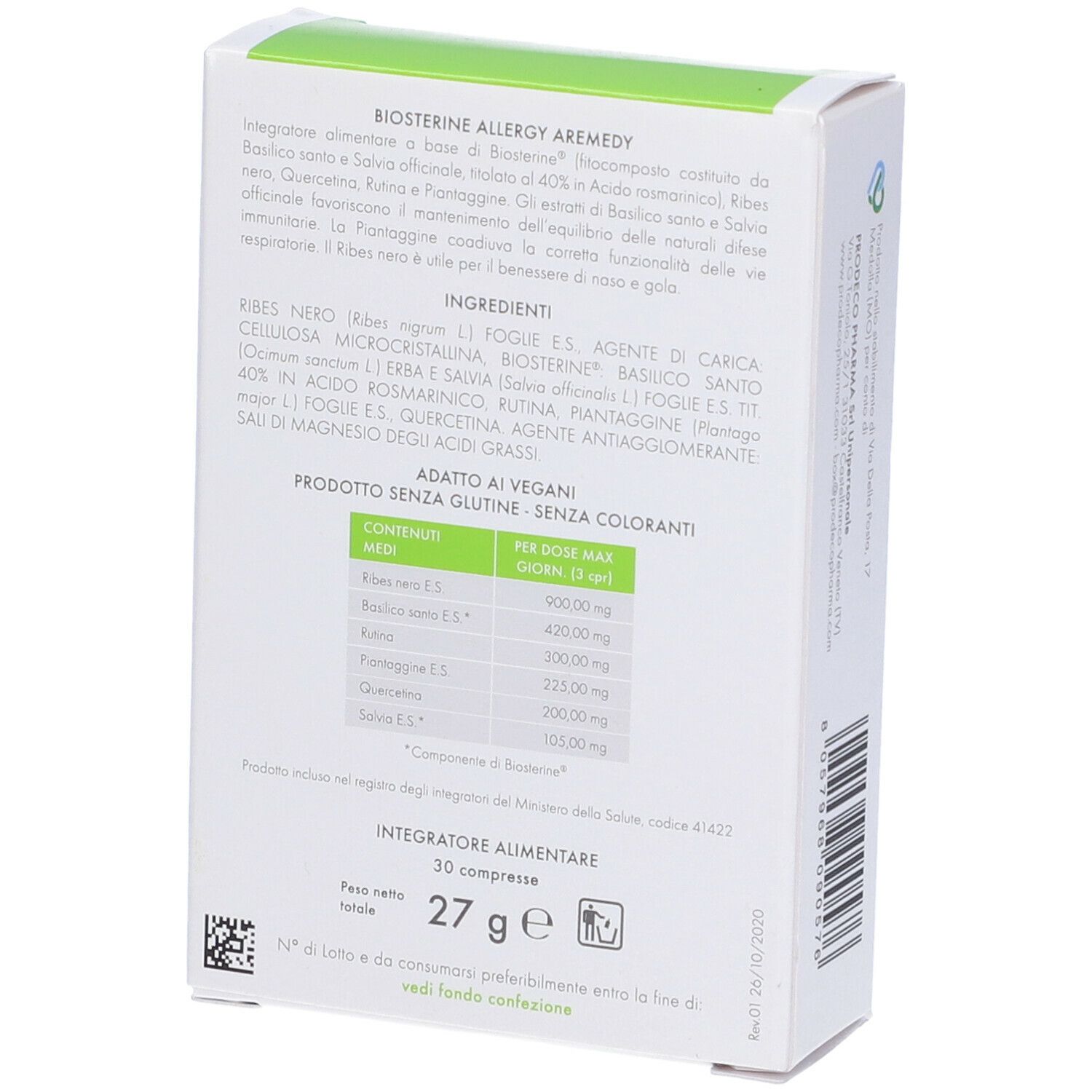 Retro scatola "Biosterine Allergy A-Remedy". Testo italiano, ingredienti e valori nutrizionali.