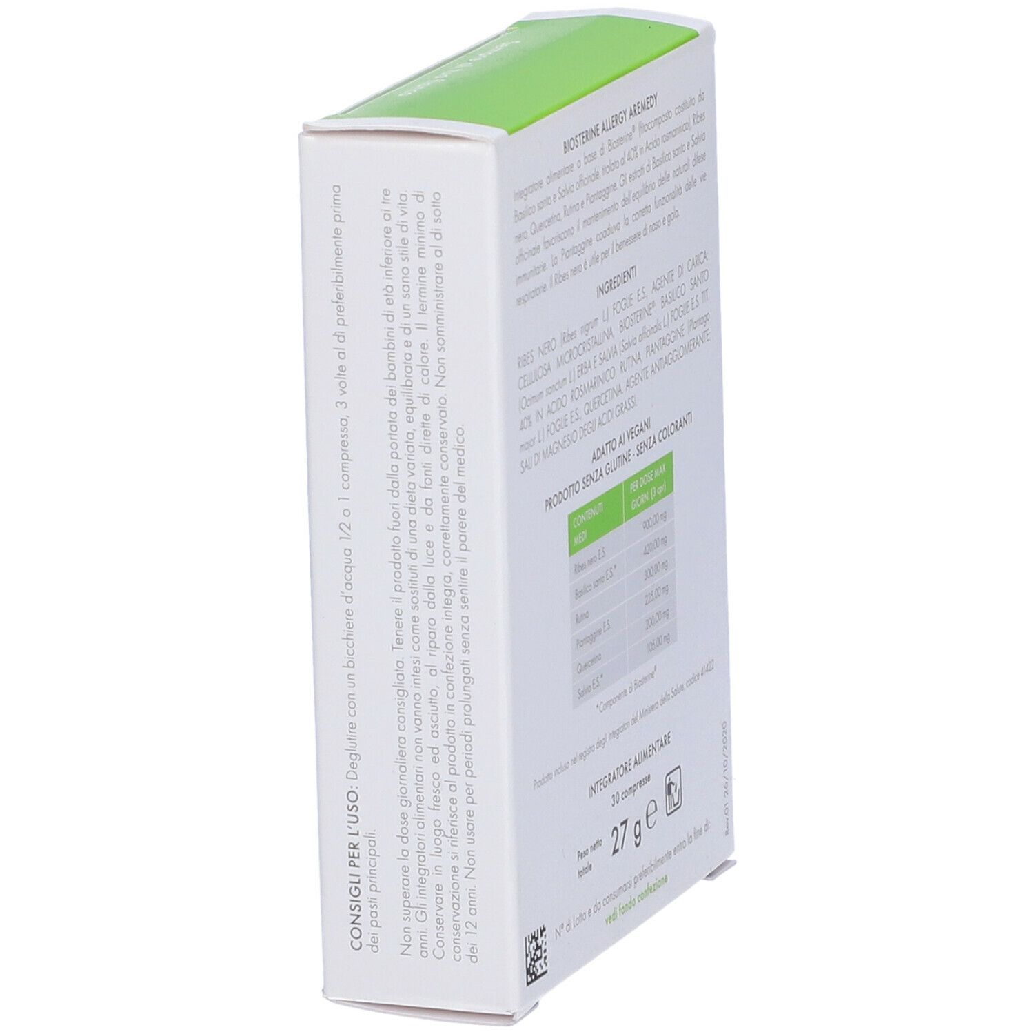 Scatola "Biosterine Allergy A-Remedy" in prospettiva. Testo italiano, ingredienti e valori nutrizionali.