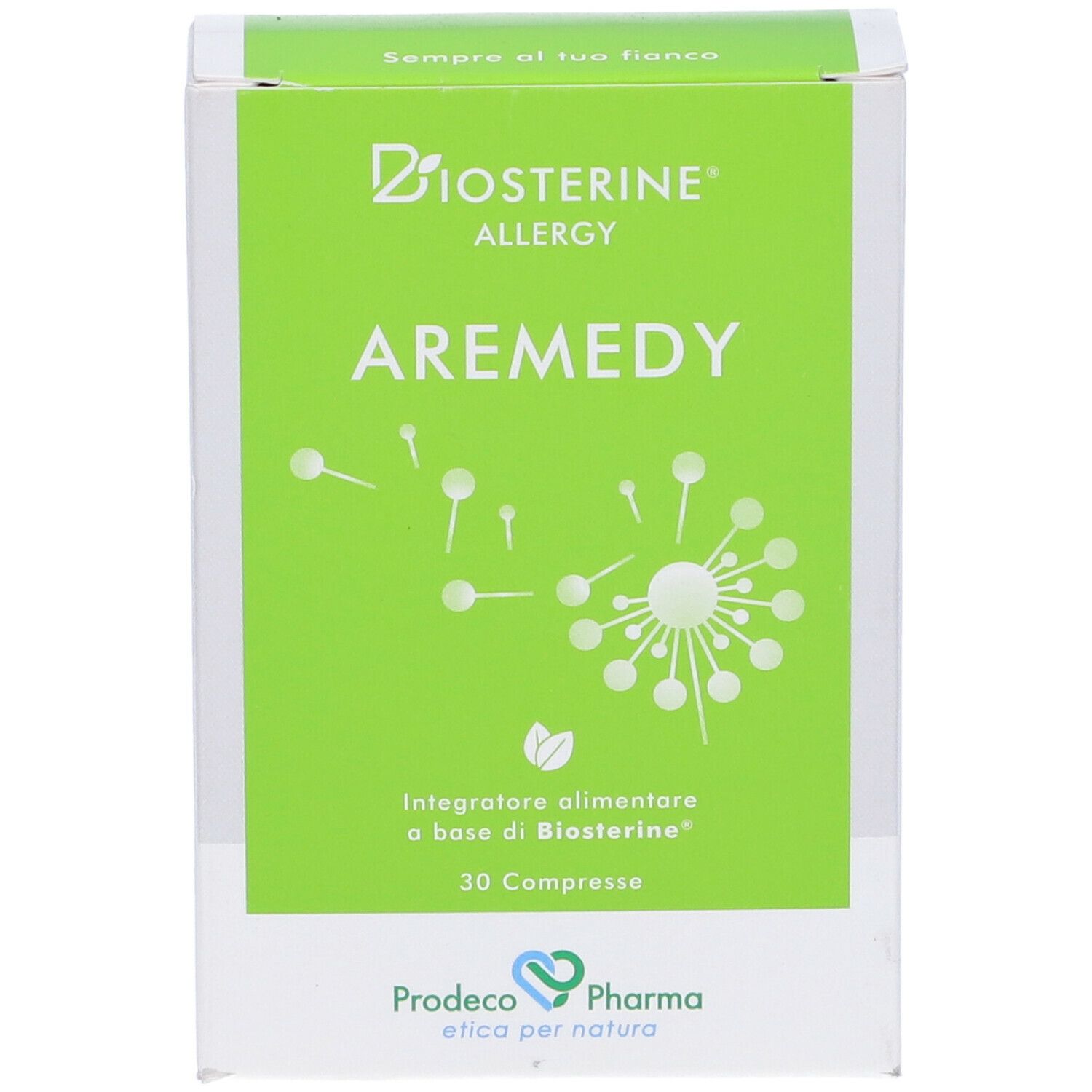 Vista frontale della scatola verde "Biosterine Allergy A-Remedy". Contiene 30 compresse. Logo Prodeco Pharma.