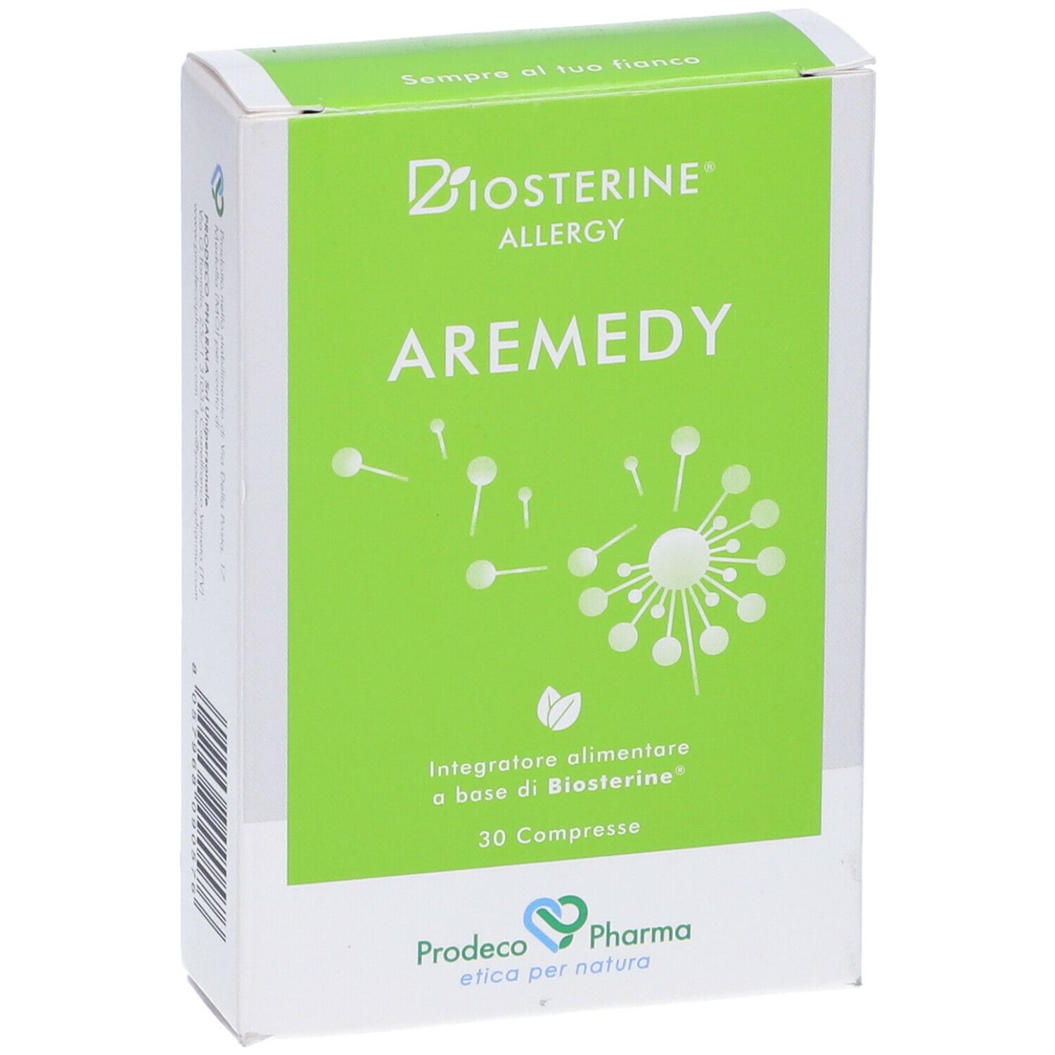 Vista frontale della scatola verde "Biosterine Allergy A-Remedy". Contiene 30 compresse. Logo Prodeco Pharma.