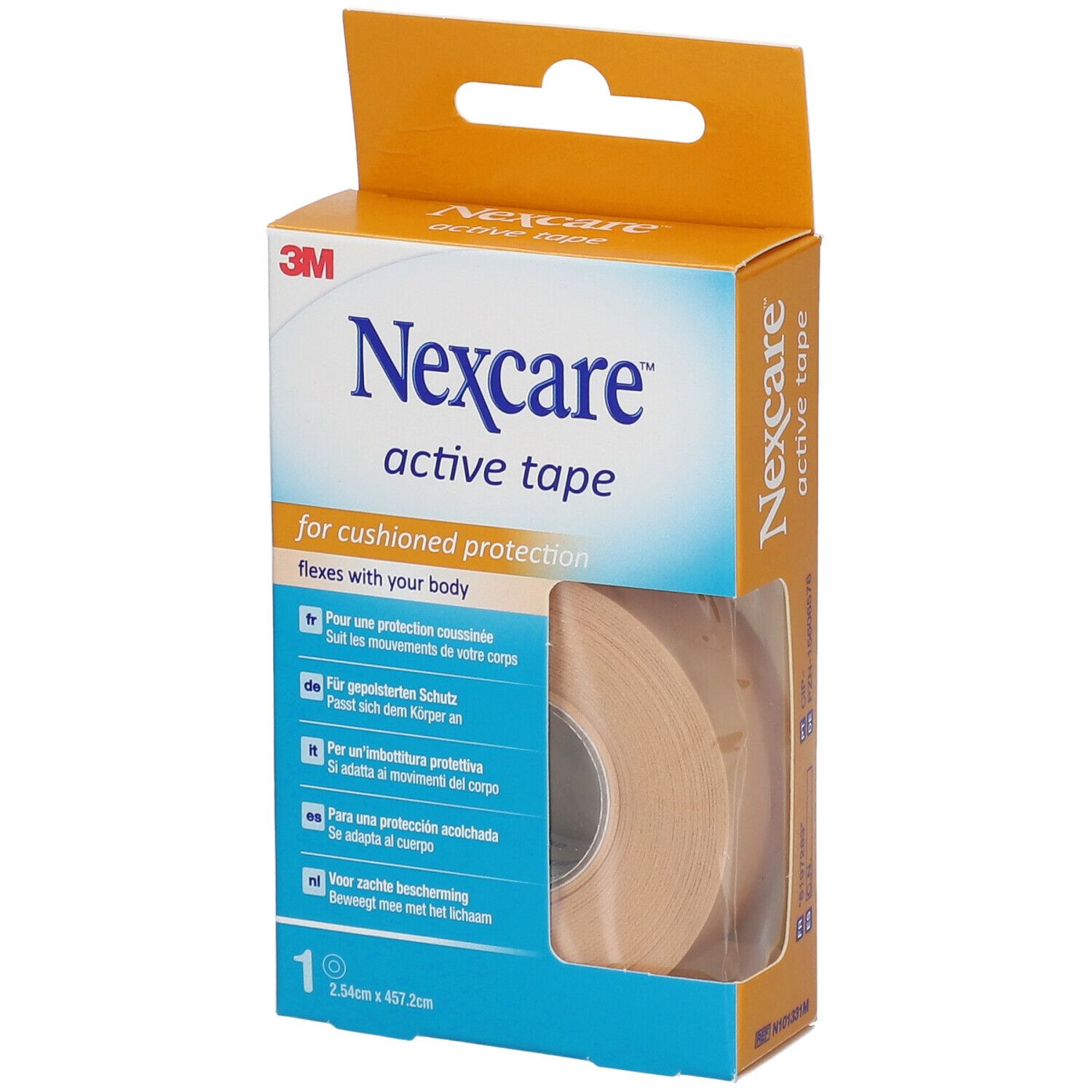 Confezione di Nexcare Active Tape. Contiene un rotolo. Dimensioni: 2,54 x 457,2 cm. Scatola arancione con informazioni.
