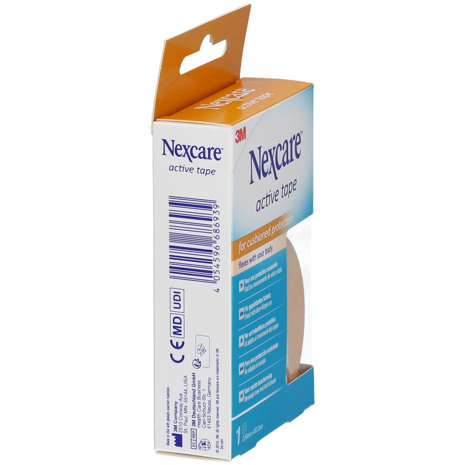 Vista laterale della confezione Nexcare Active Tape. Codice a barre, marchio CE e informazioni sul prodotto.
