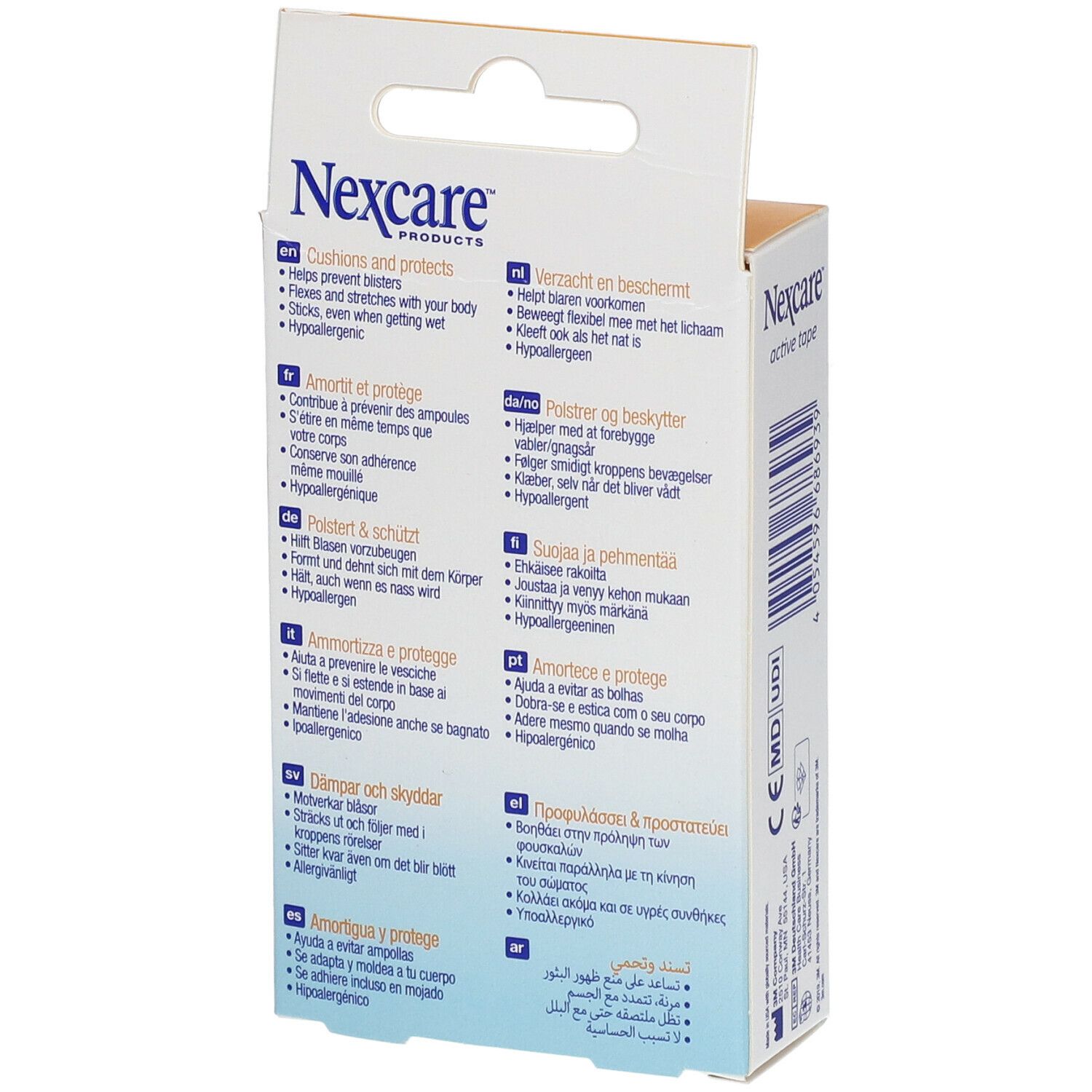 Retro della confezione Nexcare Active Tape. Descrizioni e informazioni multilingue sul prodotto.