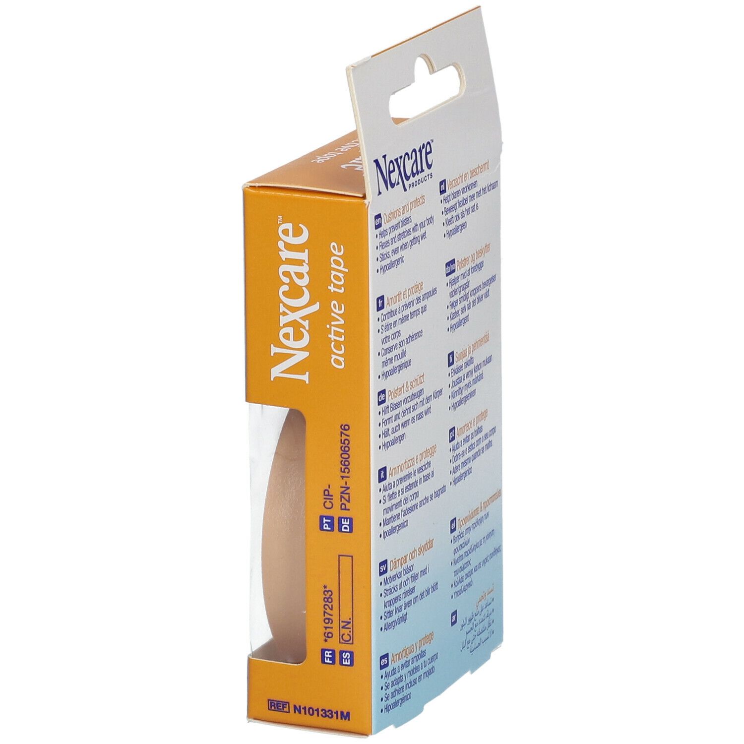 Vista laterale della confezione Nexcare Active Tape. Mostra il rotolo di nastro. Scatola arancione con informazioni.