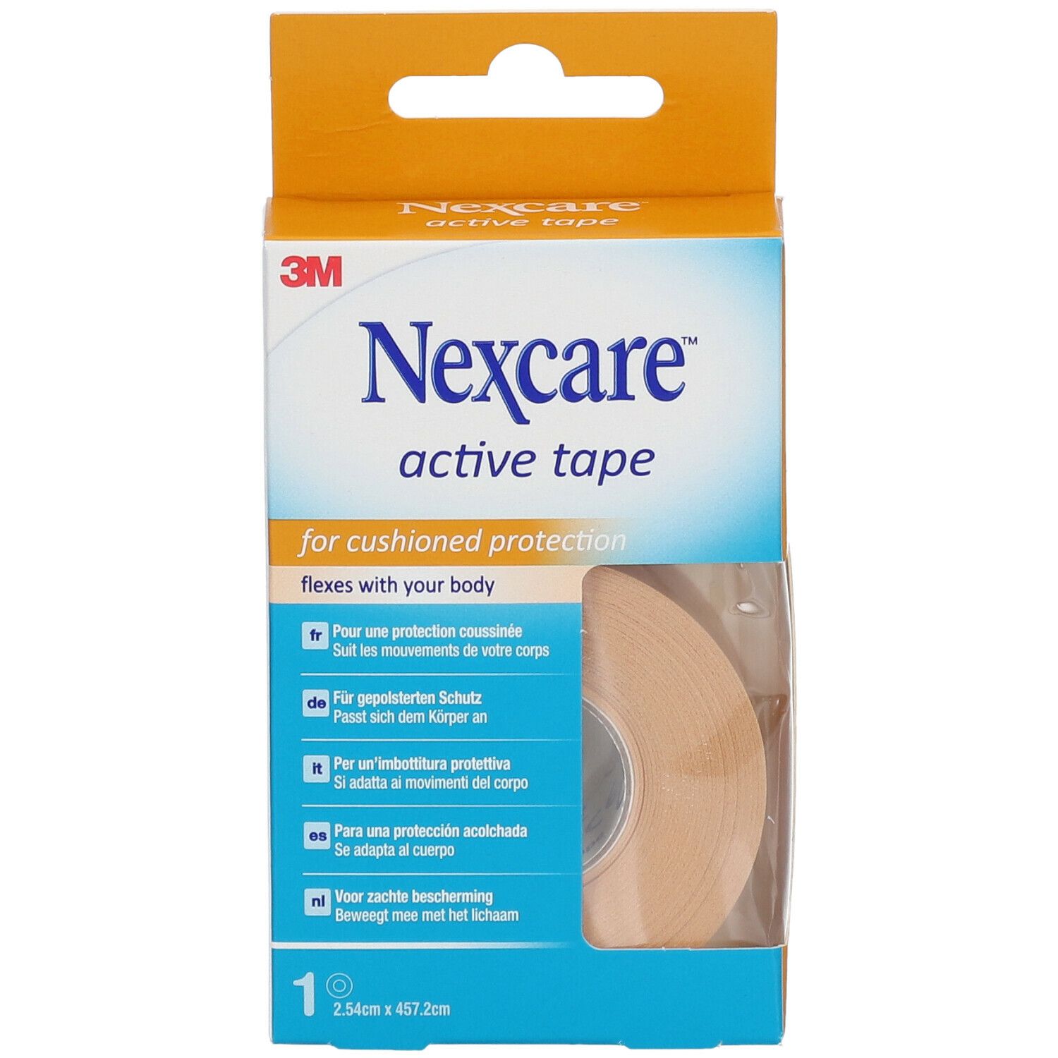 Confezione Nexcare Active Tape. Contiene un rotolo. Dimensioni: 2,54 x 457,2 cm. Scatola arancione con informazioni.