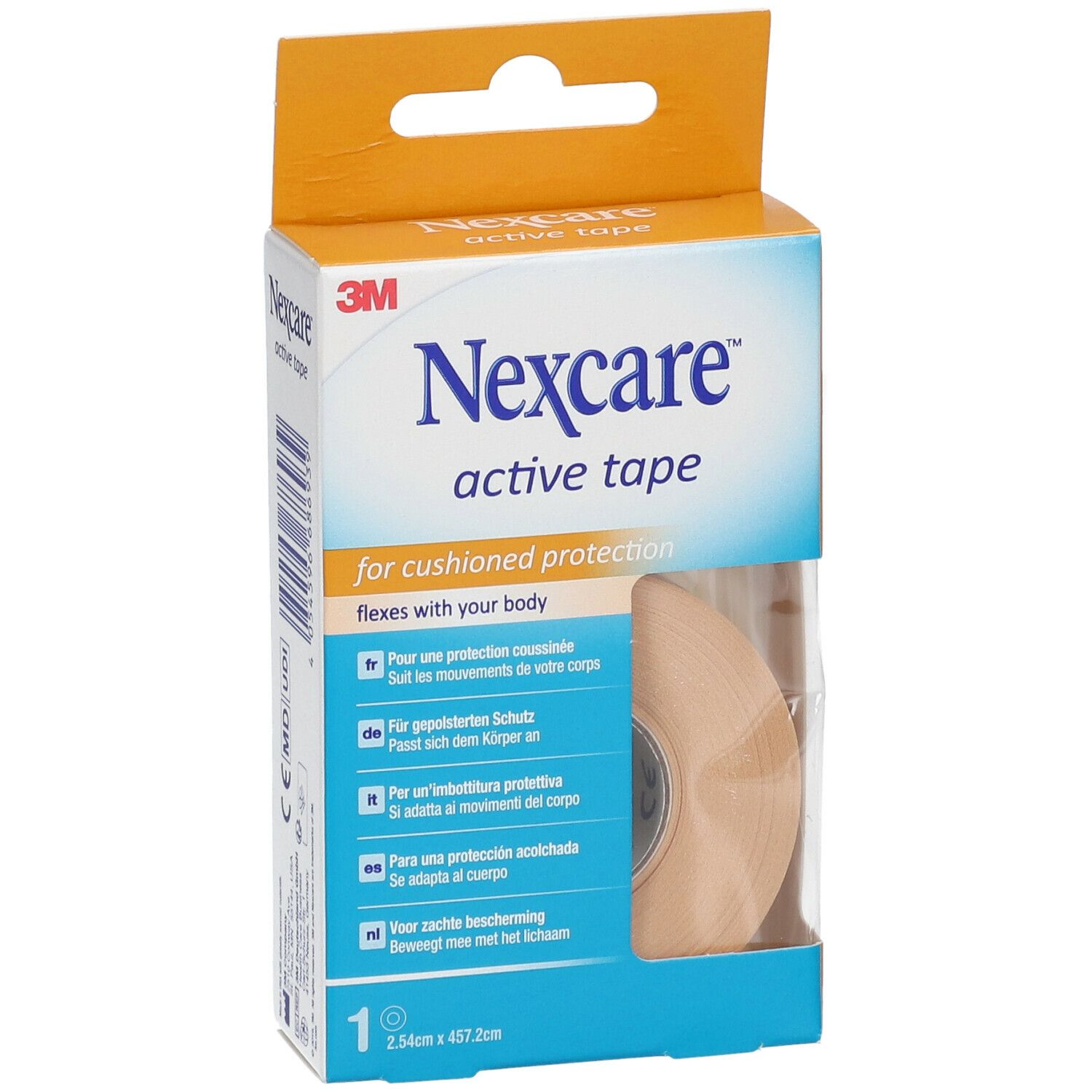 Confezione Nexcare Active Tape. Contiene un rotolo. Dimensioni: 2,54 x 457,2 cm. Scatola arancione con informazioni.