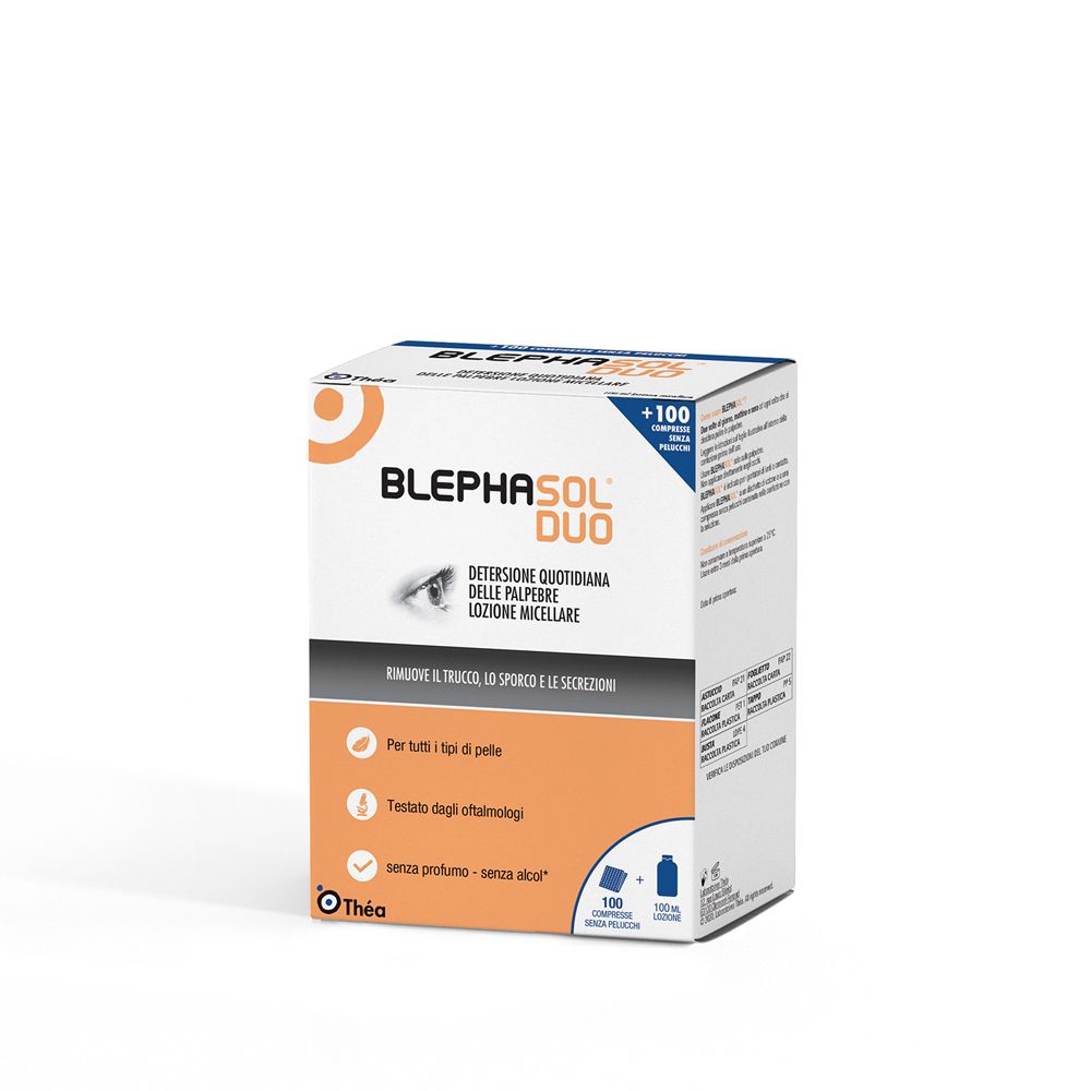 Confezione di Blephasol Duo + 100 Dischetti. Scatola bianca e arancione con nome e dettagli del prodotto.