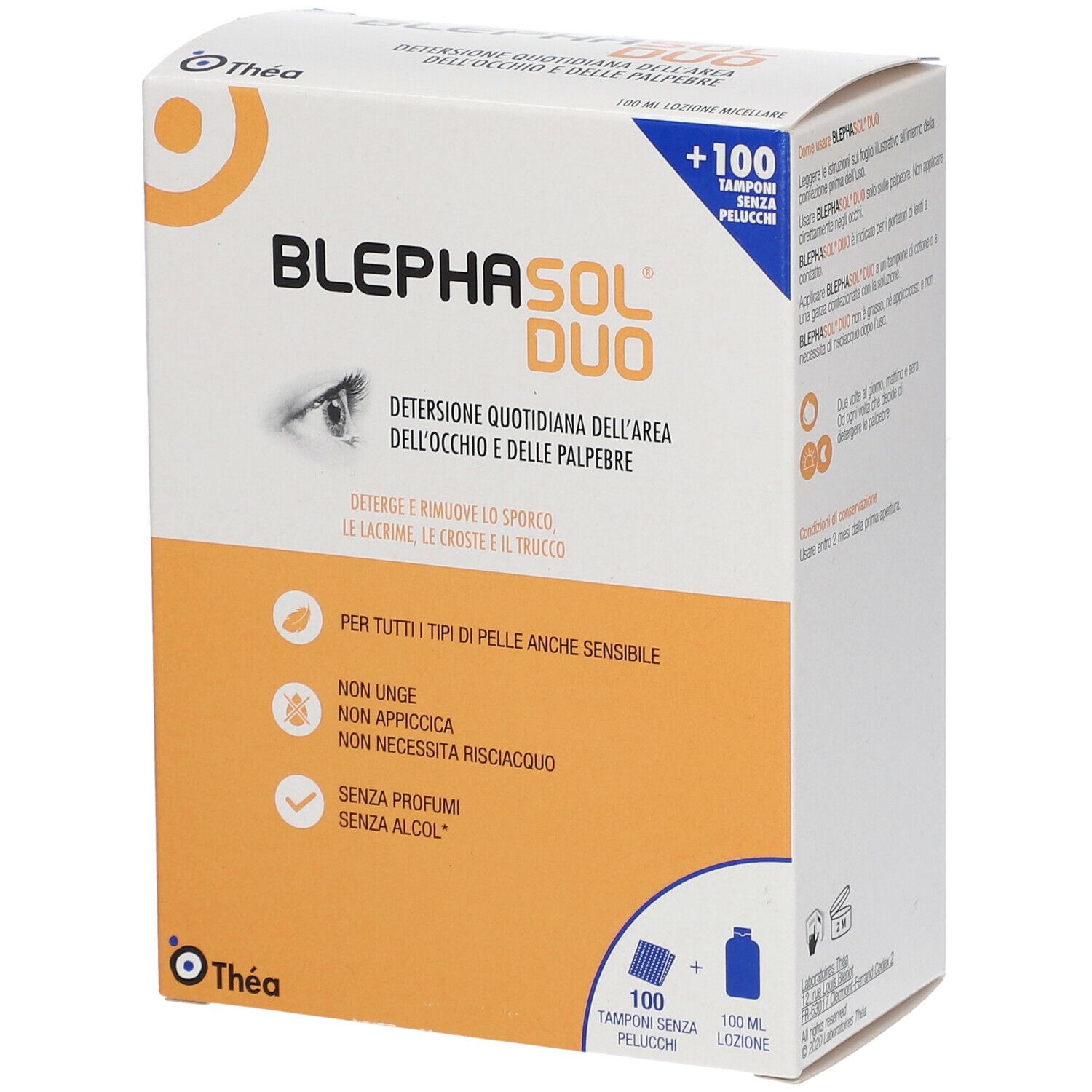 Confezione Blephasol Duo + 100 Dischetti. Nome, ingredienti e loghi su scatola bianca e arancione.