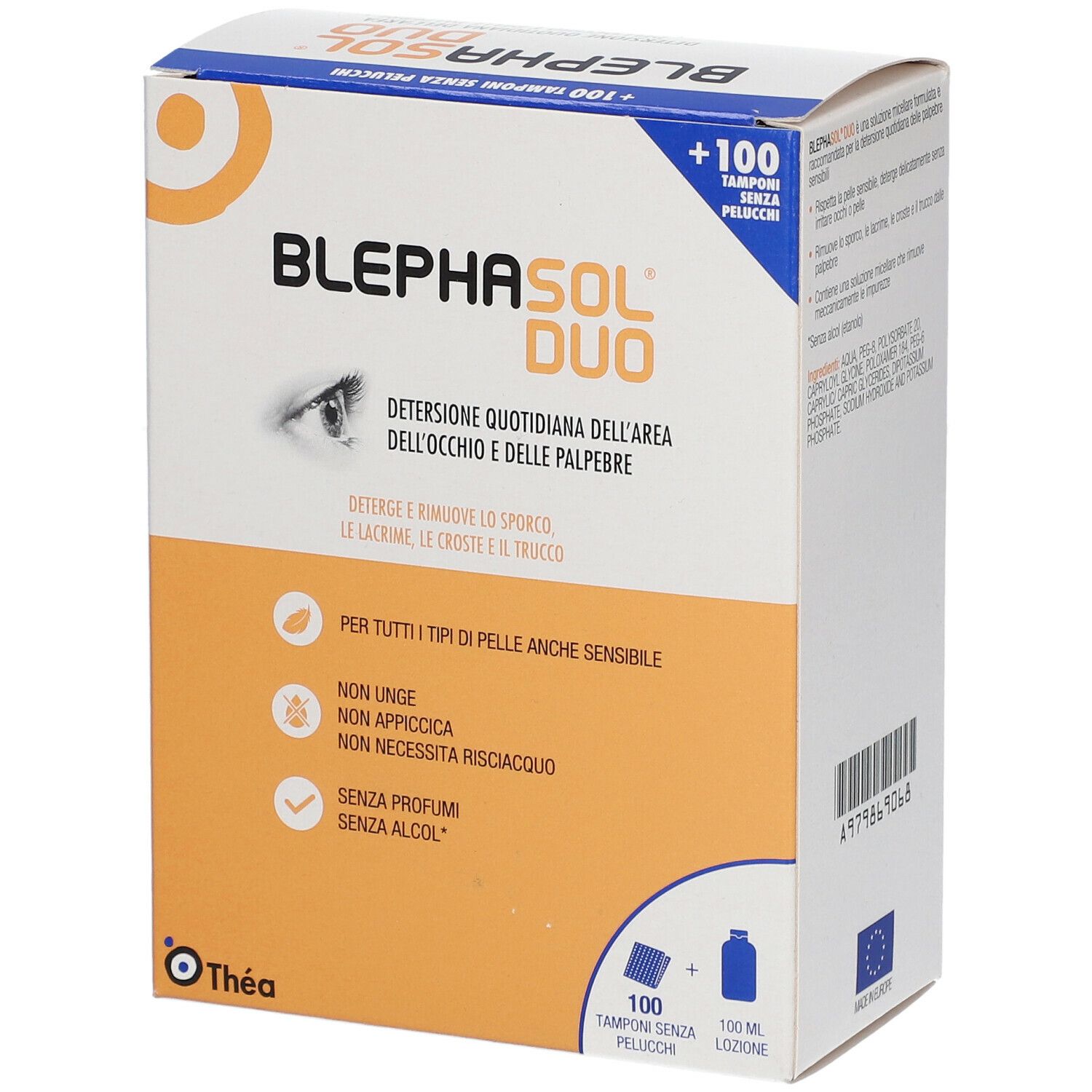 Confezione Blephasol Duo + 100 Dischetti. Nome, ingredienti e loghi su scatola bianca e arancione.