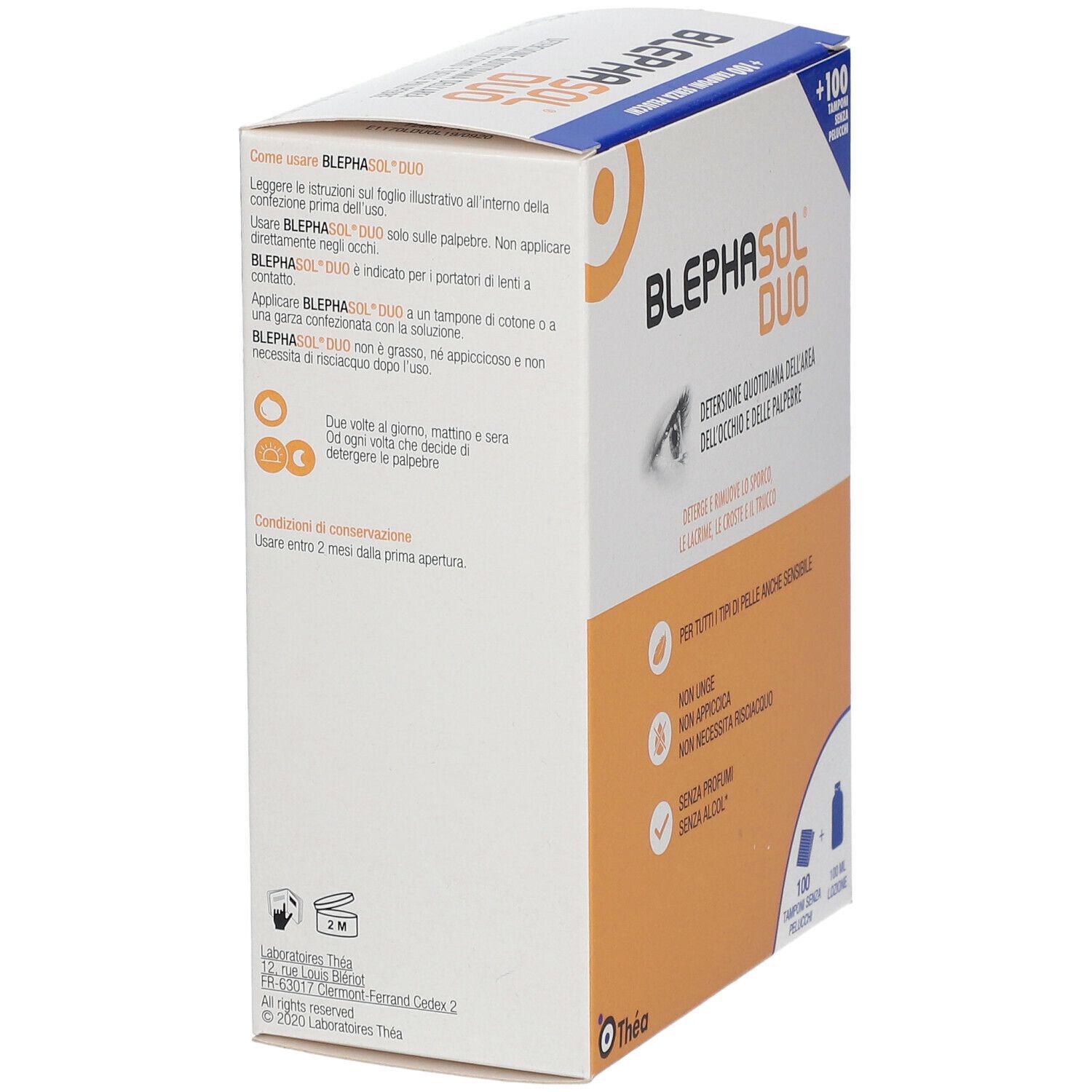 Lato della confezione Blephasol Duo + 100 Dischetti. Istruzioni per l'uso, loghi e informazioni del produttore.