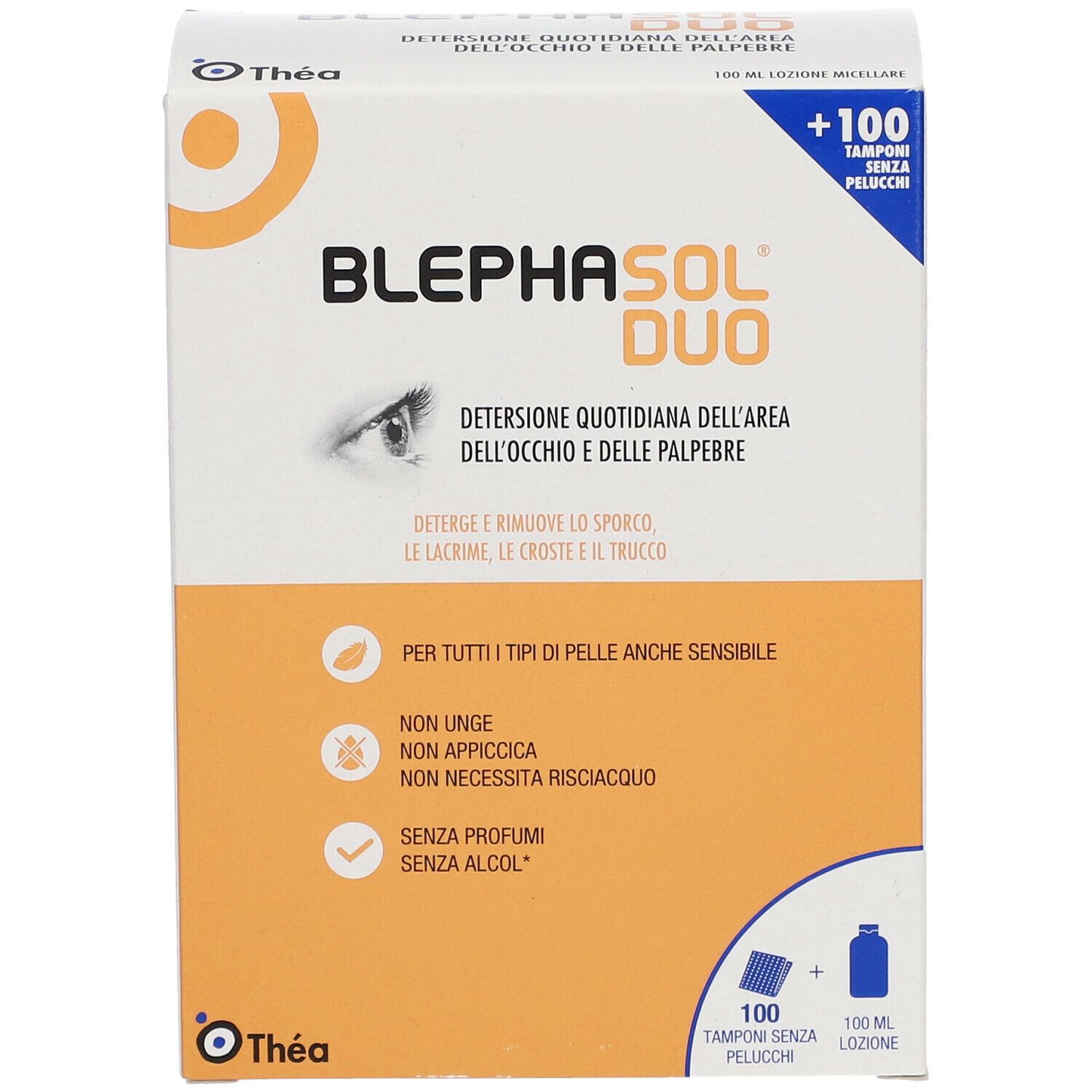 Confezione Blephasol Duo + 100 Dischetti. Nome, ingredienti e loghi su scatola bianca e arancione.