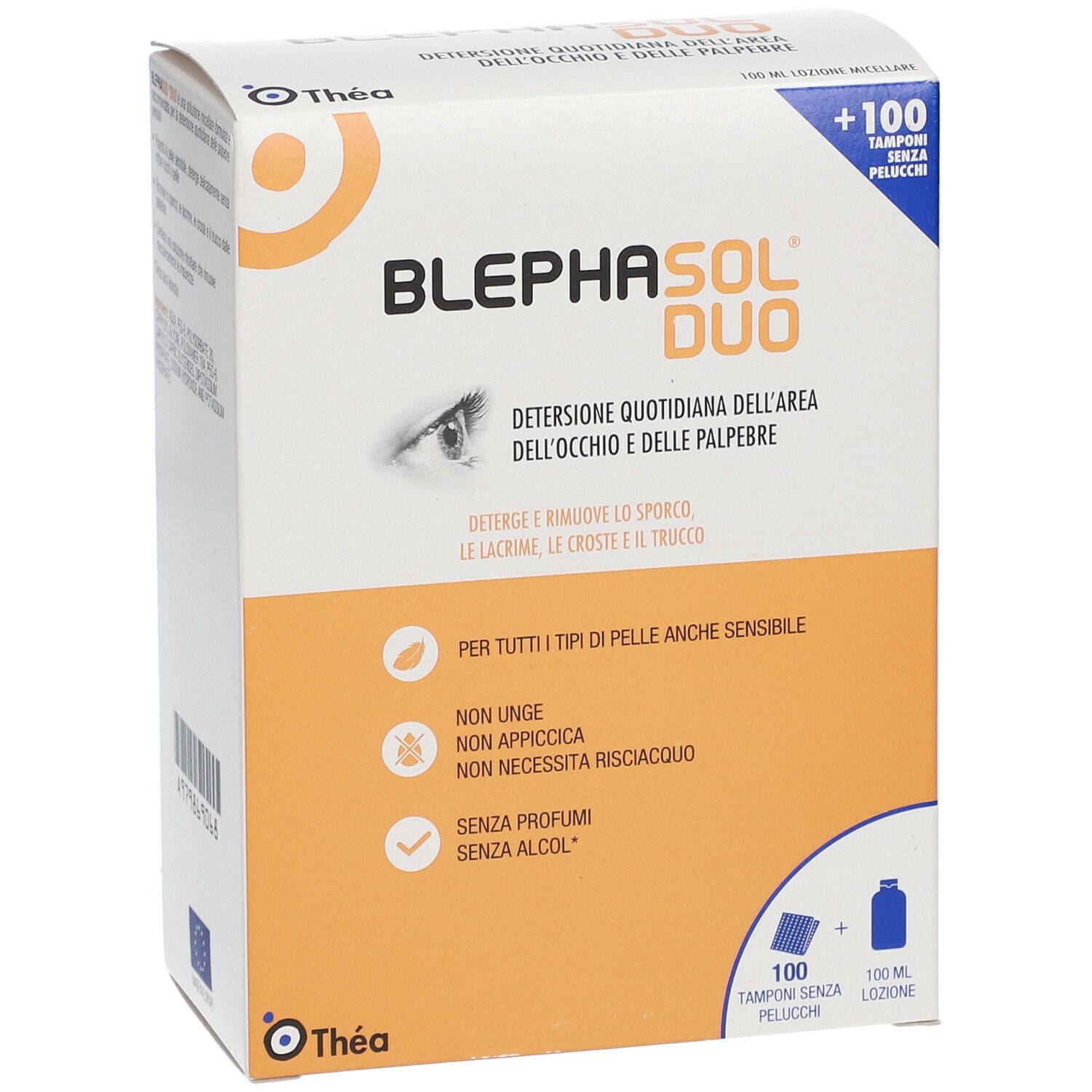 Confezione Blephasol Duo + 100 Dischetti. Nome, ingredienti e loghi su scatola bianca e arancione.